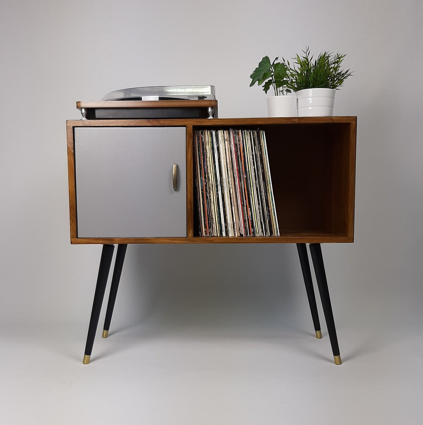 Walnut Sideboard with Grey Door, Brass Tipped Black Legs | Vinyl Record Storage | Mid Century Modern Table | Media Console