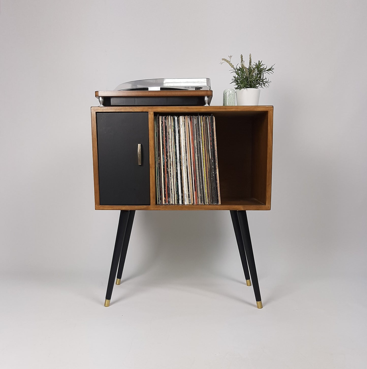 Compact Walnut Sideboard with Black Door | Minimalist Media Console | Vinyl Record Storage | TV Stand | Solid Wood Sideboard