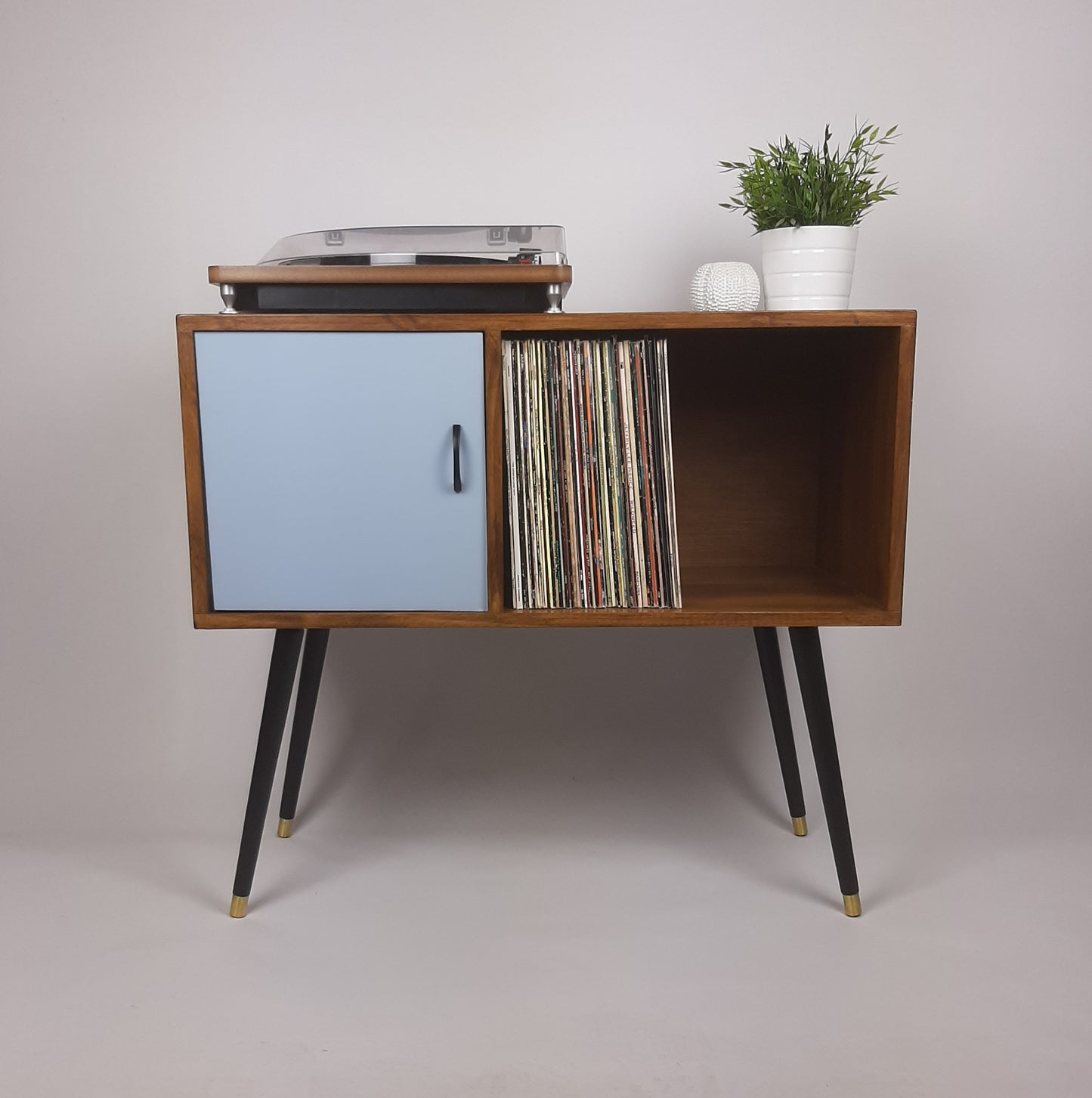 Walnut Sideboard | Pastel Marine Blue Door | Satin Black Handle and Dansette Legs | Record Table | TV Stand