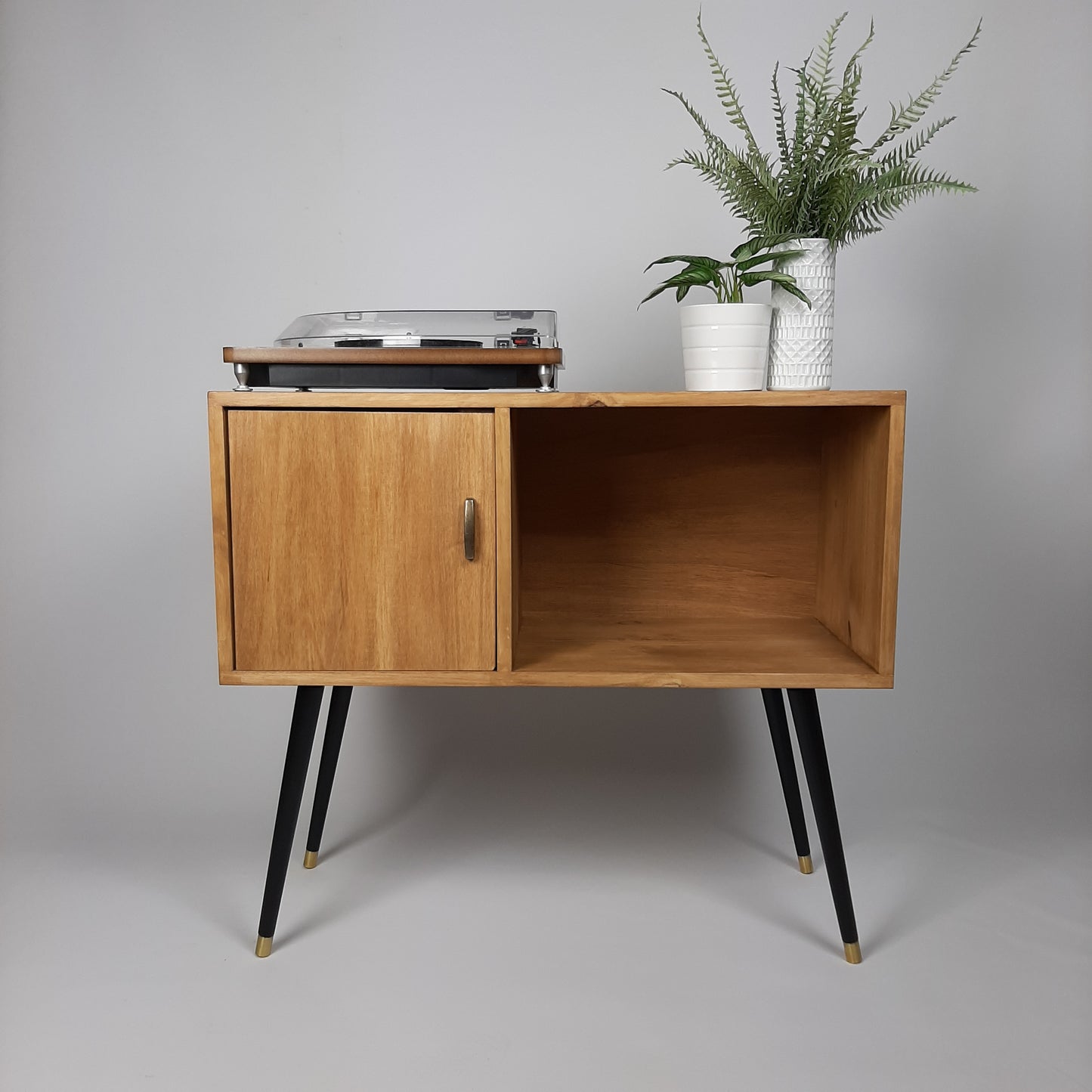 Oak Sideboard | Solid Wood Sideboard | Vinyl Record Storage | Mid Century Modern | Medium Cabinet | With Brass