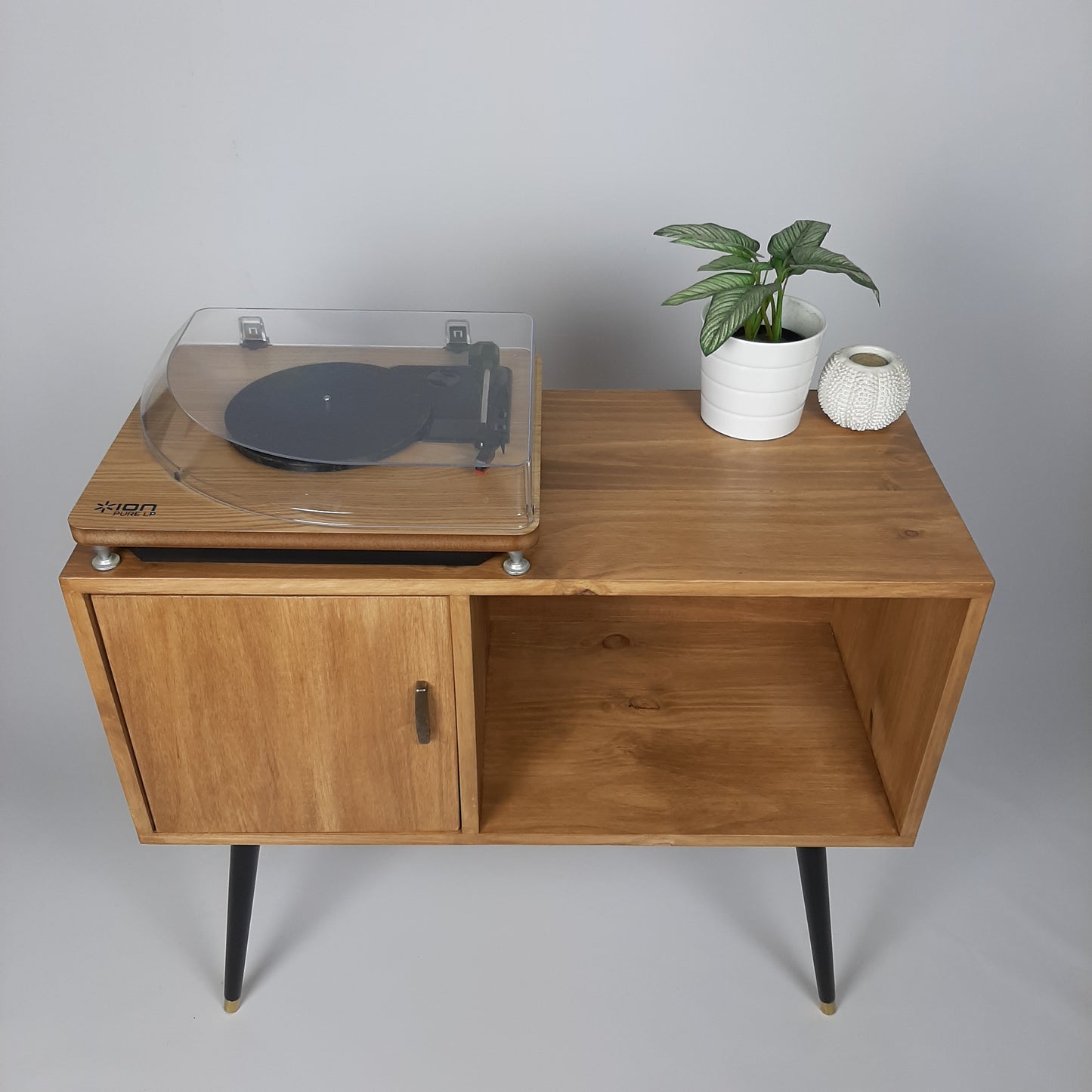 Oak Sideboard | Solid Wood Sideboard | Vinyl Record Storage | Mid Century Modern | Medium Cabinet | With Brass