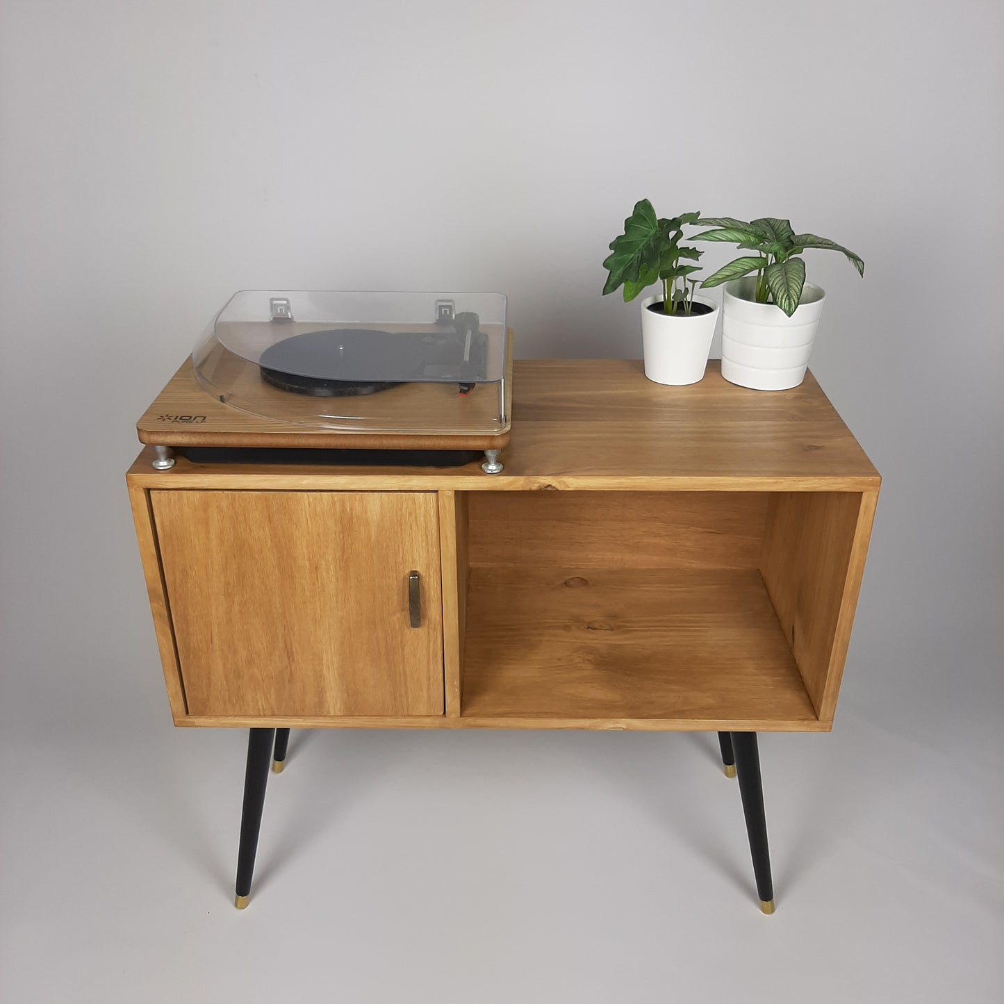 Oak Sideboard | Solid Wood Sideboard | Vinyl Record Storage | Mid Century Modern | Medium Cabinet | With Brass