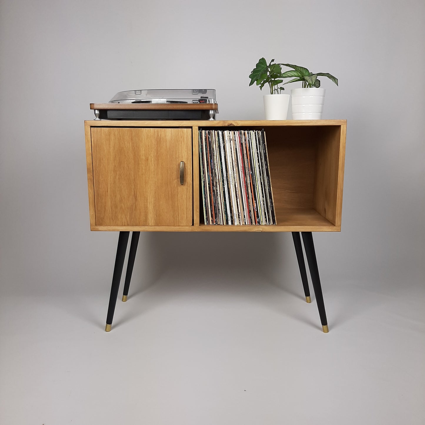 Oak Sideboard | Solid Wood Sideboard | Vinyl Record Storage | Mid Century Modern | Medium Cabinet | With Brass