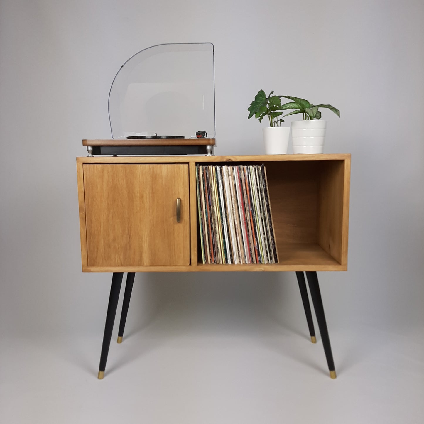 Oak Sideboard | Solid Wood Sideboard | Vinyl Record Storage | Mid Century Modern | Medium Cabinet | With Brass