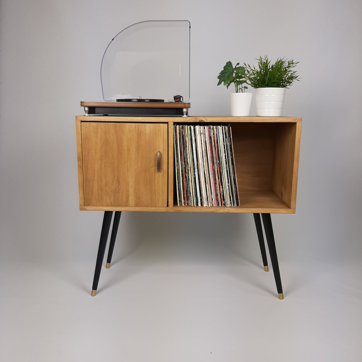 Oak Sideboard | Solid Wood Sideboard | Vinyl Record Storage | Mid Century Modern | Medium Cabinet | With Brass