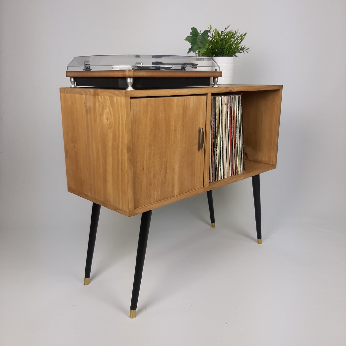 Oak Sideboard | Solid Wood Sideboard | Vinyl Record Storage | Mid Century Modern | Medium Cabinet | With Brass