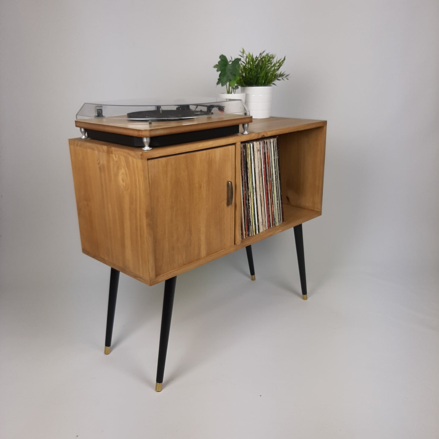 Oak Sideboard | Solid Wood Sideboard | Vinyl Record Storage | Mid Century Modern | Medium Cabinet | With Brass