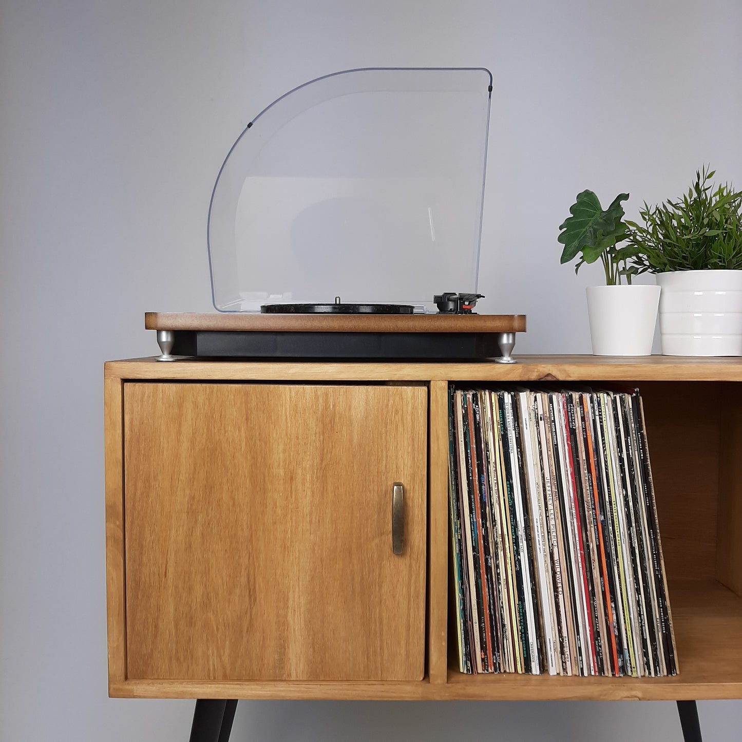 Oak Sideboard | Solid Wood Sideboard | Vinyl Record Storage | Mid Century Modern | Medium Cabinet | With Brass