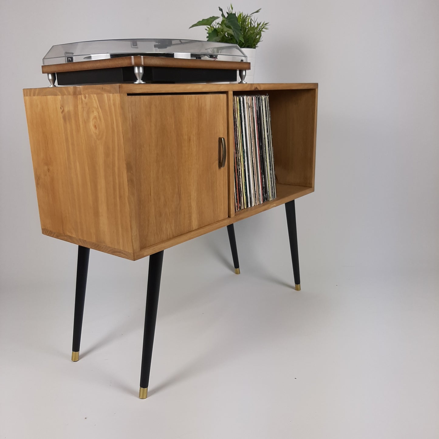 Oak Sideboard | Solid Wood Sideboard | Vinyl Record Storage | Mid Century Modern | Medium Cabinet | With Brass