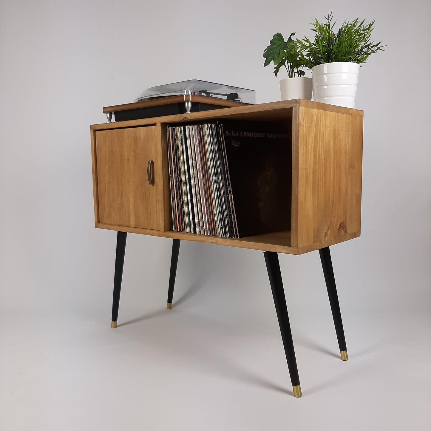 Oak Sideboard | Solid Wood Sideboard | Vinyl Record Storage | Mid Century Modern | Medium Cabinet | With Brass