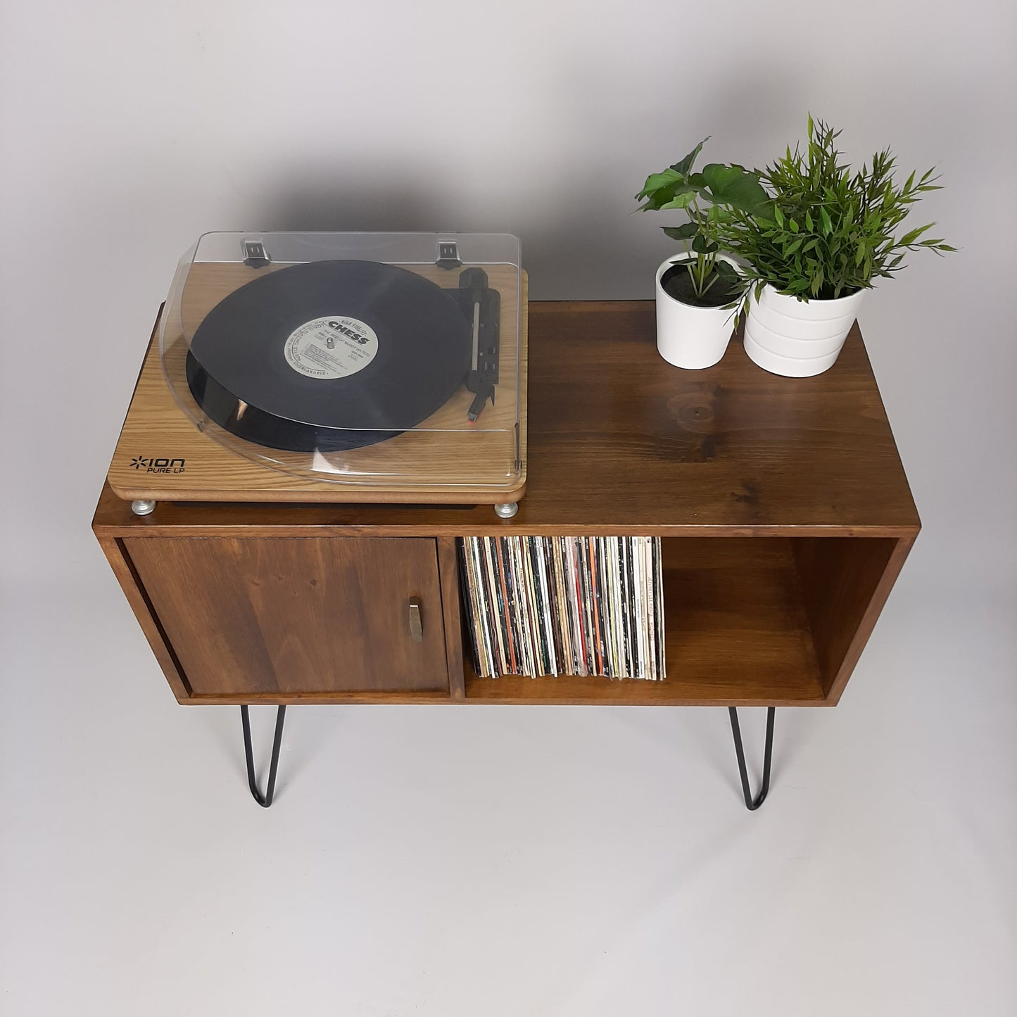 Walnut Sideboard | Brass Handle & Hairpin Legs | Vinyl Cabinet | Credenza | Minimalist Console Table