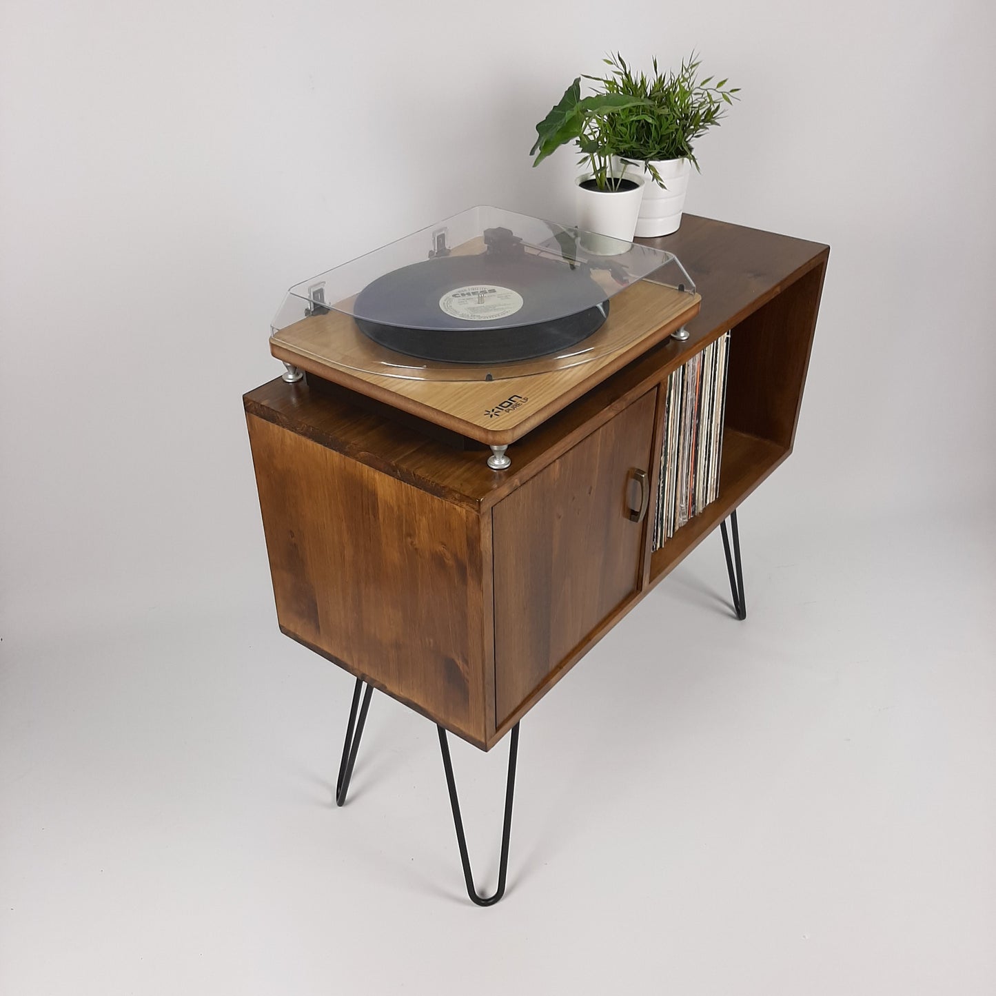 Walnut Sideboard | Brass Handle & Hairpin Legs | Vinyl Cabinet | Credenza | Minimalist Console Table