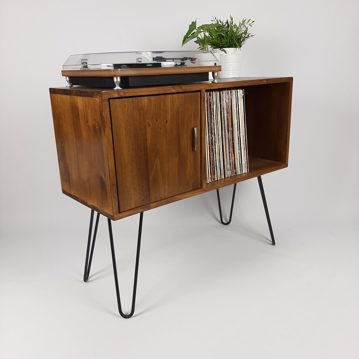 Walnut Sideboard | Brass Handle & Hairpin Legs | Vinyl Cabinet | Credenza | Minimalist Console Table