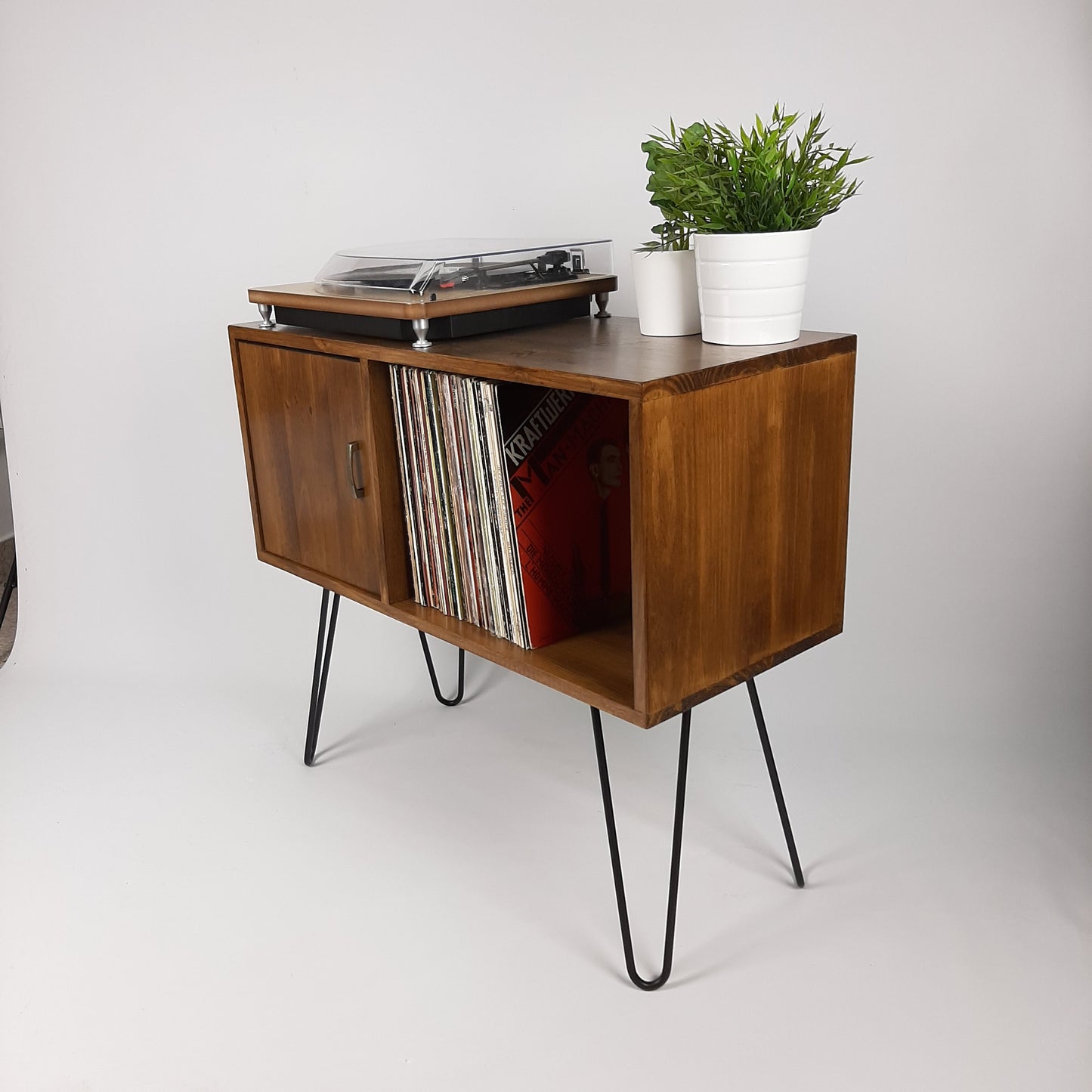 Walnut Sideboard | Brass Handle & Hairpin Legs | Vinyl Cabinet | Credenza | Minimalist Console Table