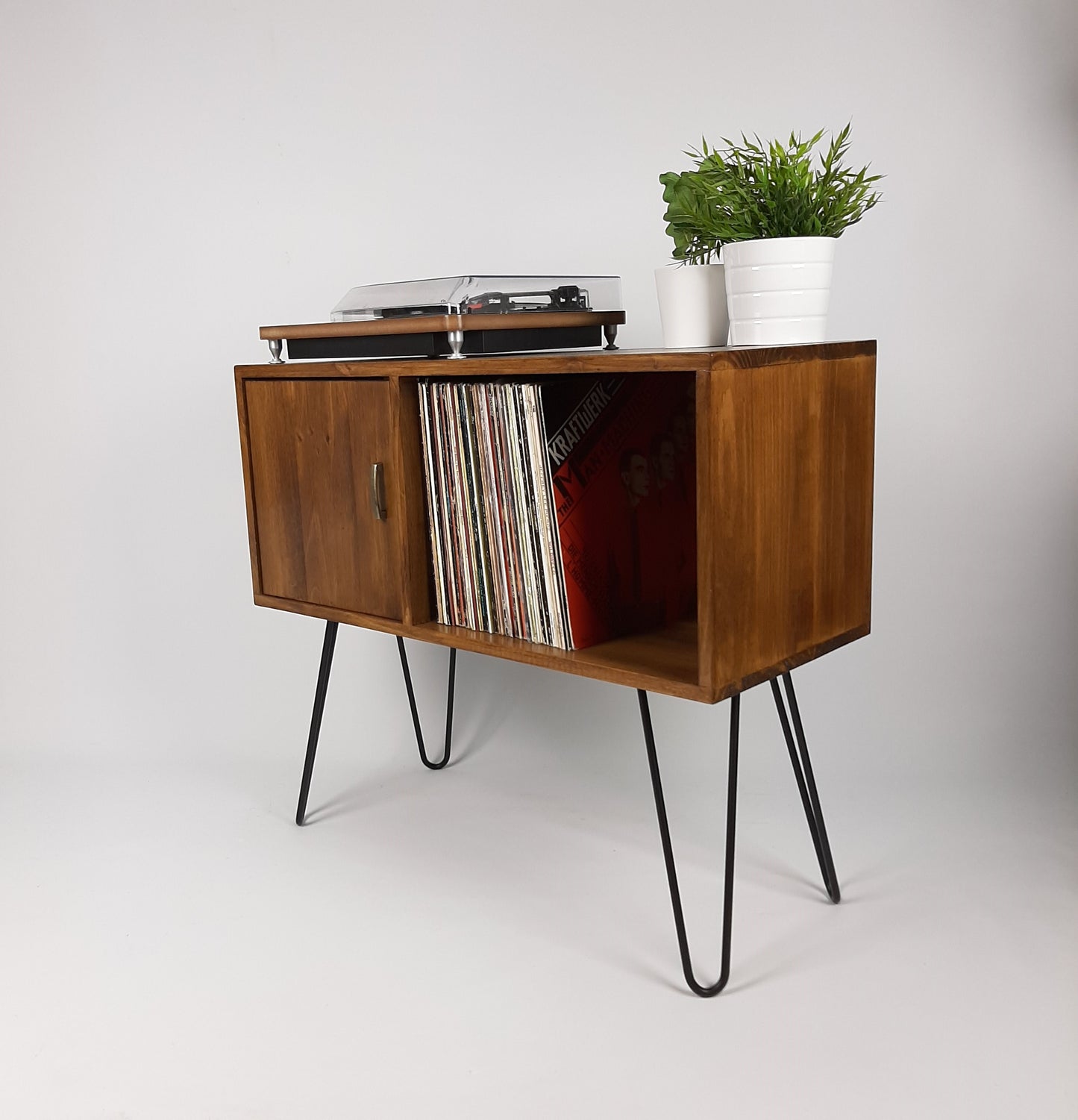 Walnut Sideboard | Brass Handle & Hairpin Legs | Vinyl Cabinet | Credenza | Minimalist Console Table