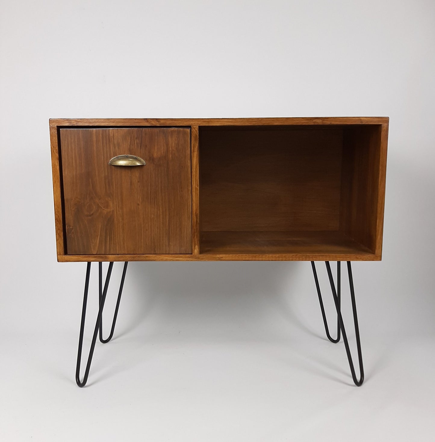 Walnut Record Storage Table with Pull Down Door | Black Hairpin Legs Edition