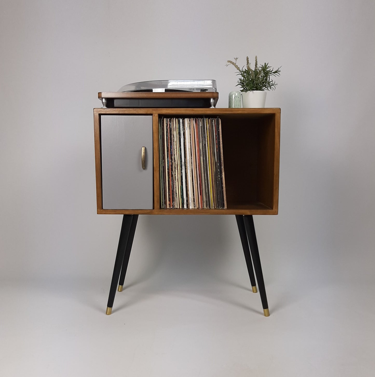 Compact Classic Sideboard with Pearl Grey Door | Media Console | Media Console with Black Legs | Mid Century Modern Design |