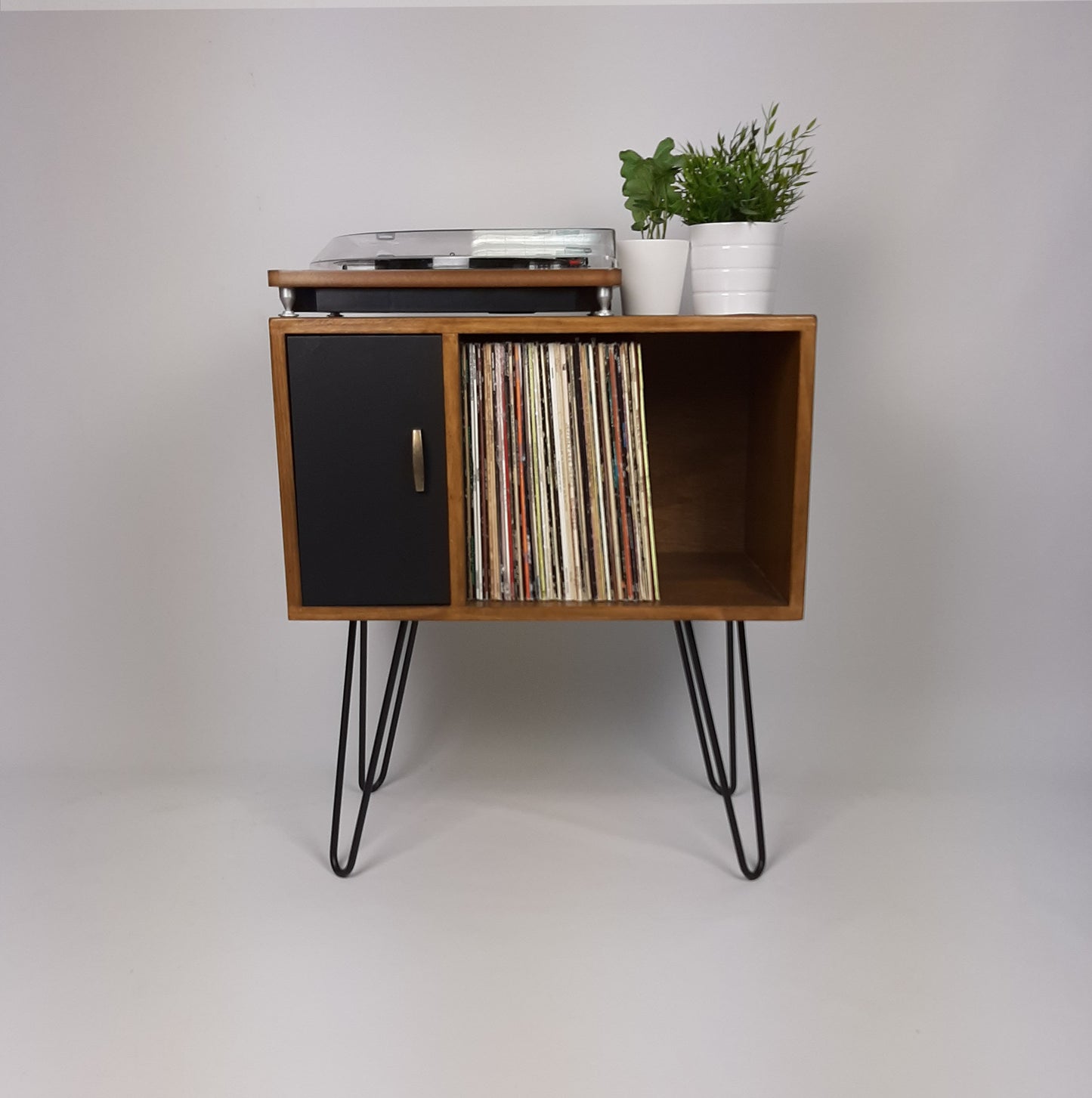 Small Walnut Sideboard | Black Door & Hairpin Legs | Record Deck Table | Vinyl Storage | Designer Sideboard | Minimalist Furniture