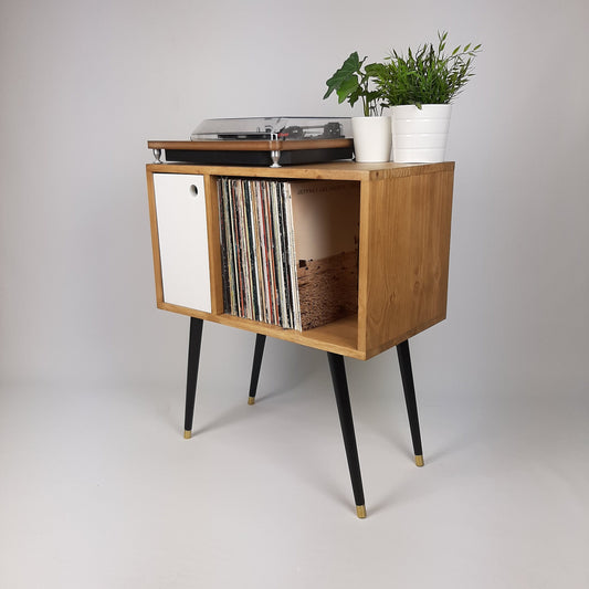 Compact Oak Record Table with White Door | Dansette Legs Edition
