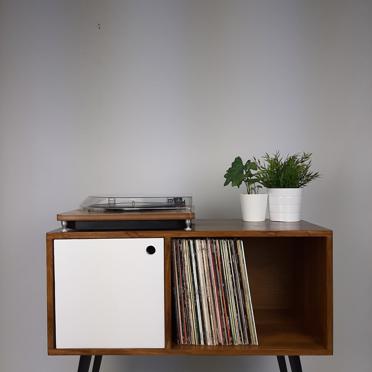 Walnut Sideboard with White Door, Brass Tipped Black Legs | Vinyl Record Storage | Mid Century Modern Table | Media Console