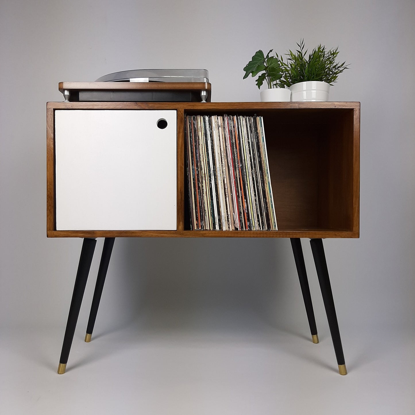 Walnut Sideboard with White Door, Brass Tipped Black Legs | Vinyl Record Storage | Mid Century Modern Table | Media Console