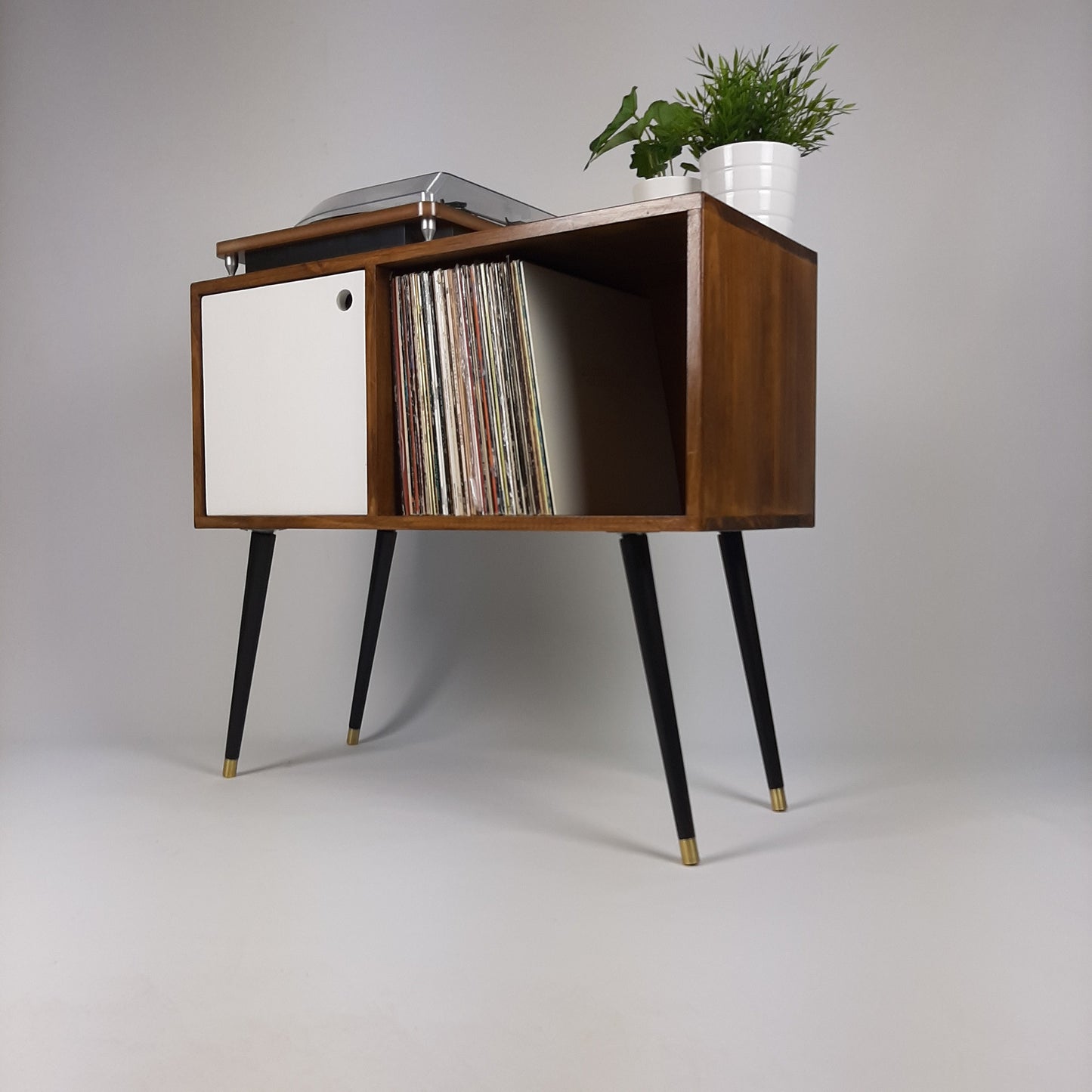 Walnut Sideboard with White Door, Brass Tipped Black Legs | Vinyl Record Storage | Mid Century Modern Table | Media Console
