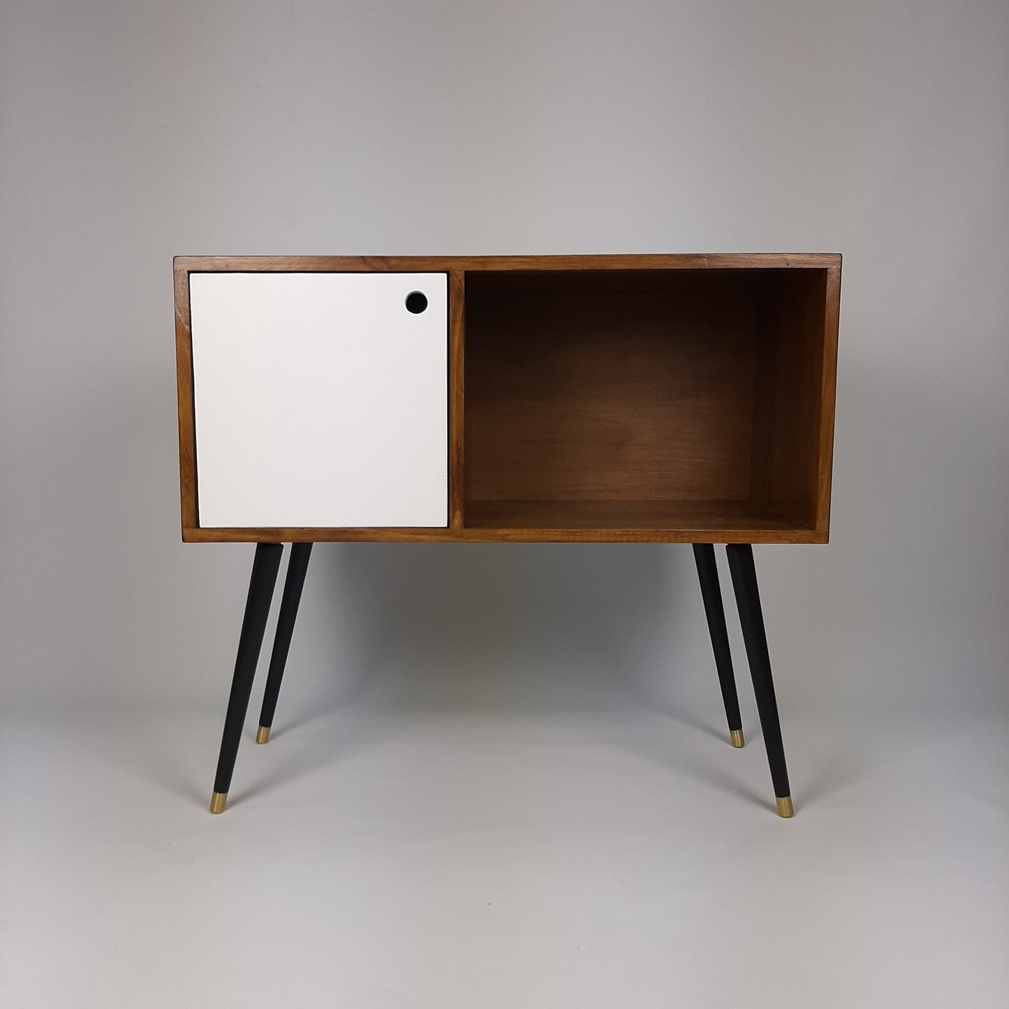 Walnut Sideboard with White Door, Brass Tipped Black Legs | Vinyl Record Storage | Mid Century Modern Table | Media Console