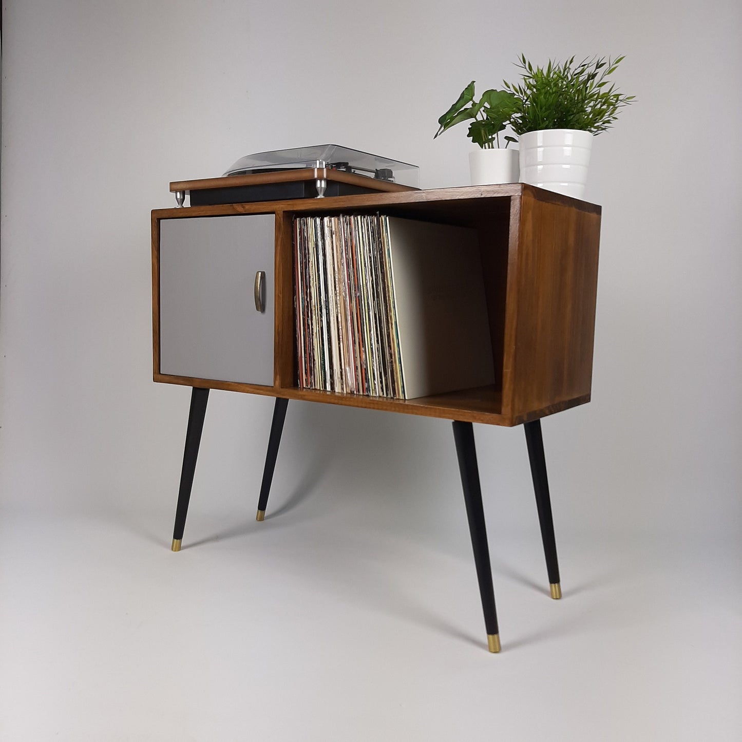 Walnut Sideboard with Grey Door, Brass Tipped Black Legs | Vinyl Record Storage | Mid Century Modern Table | Media Console