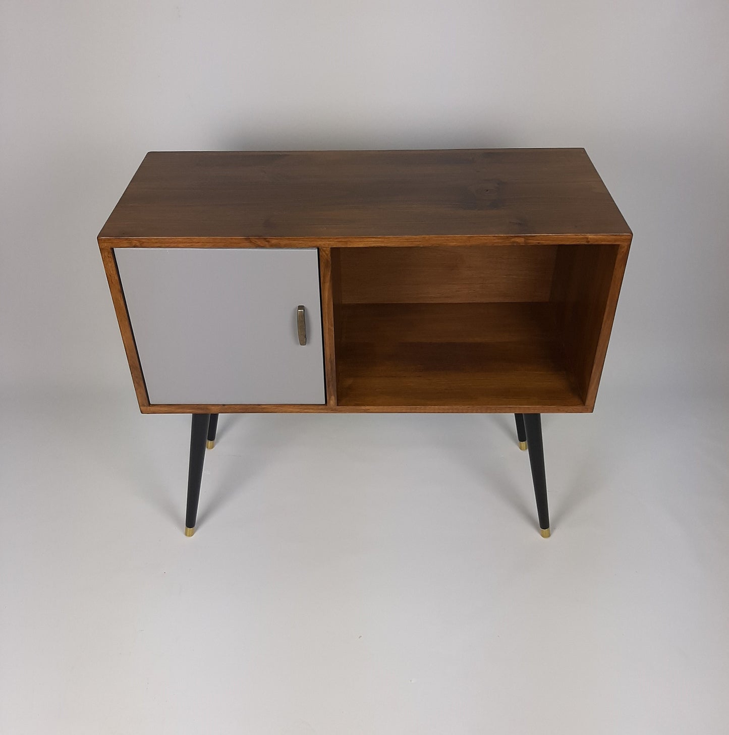 Walnut Sideboard with Grey Door, Brass Tipped Black Legs | Vinyl Record Storage | Mid Century Modern Table | Media Console
