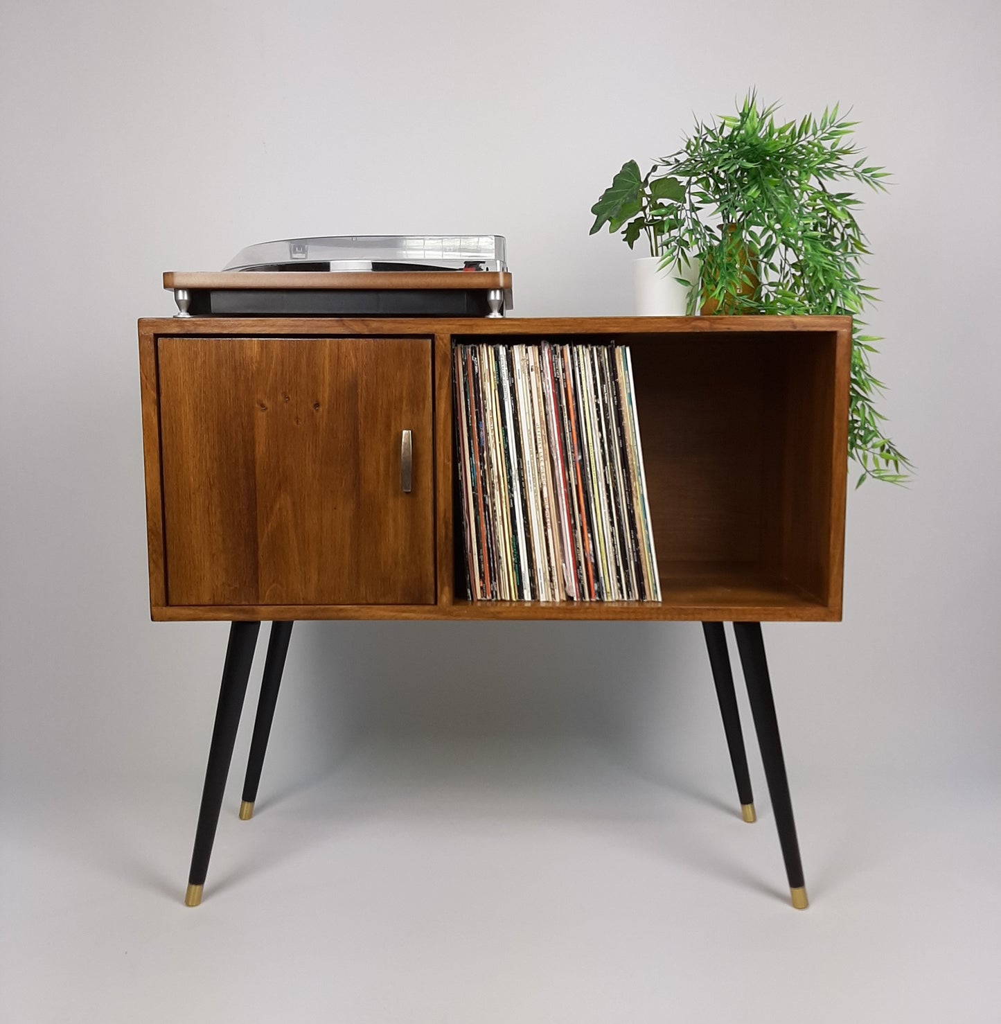 Walnut Sideboard | Black Dansette Legs | Classic Brass Handle | Midcentury Sideboard | Vinyl Record Storage