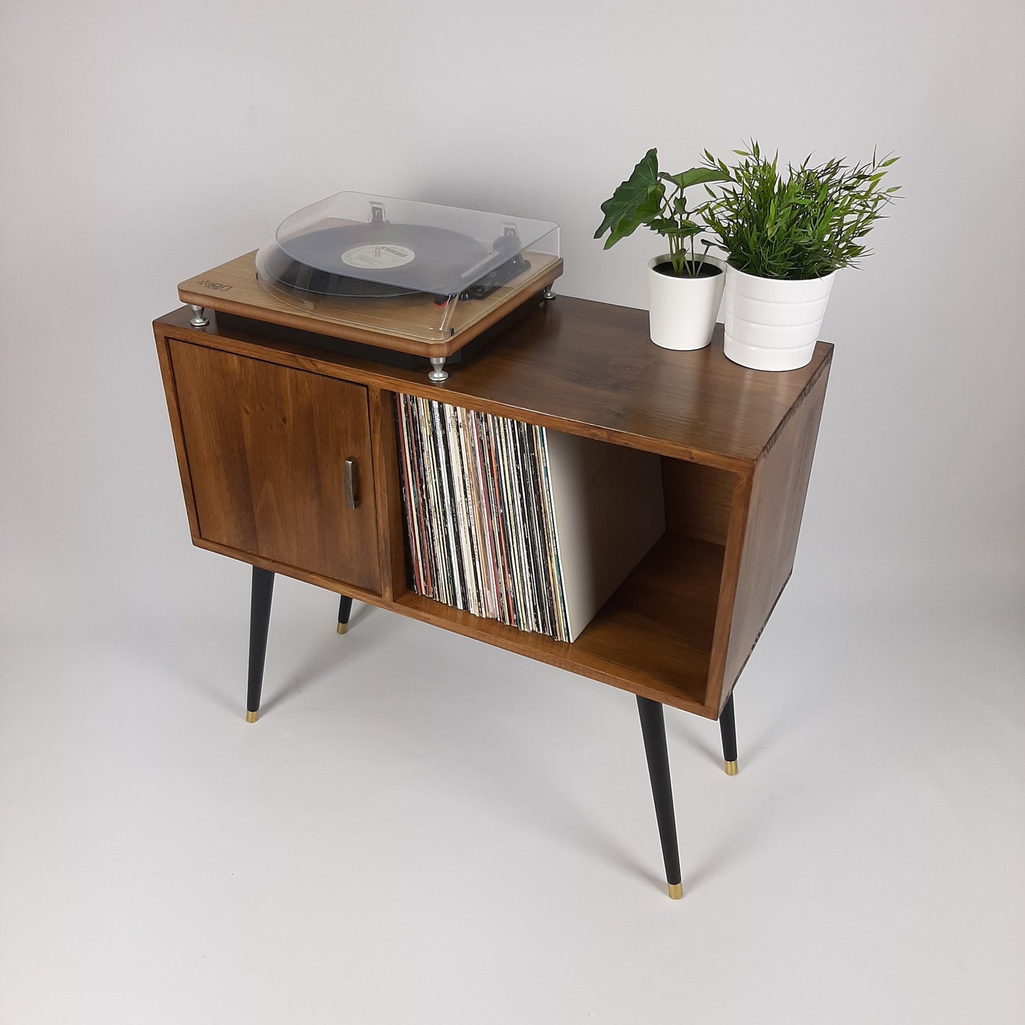 Walnut Sideboard | Black Dansette Legs | Classic Brass Handle | Midcentury Sideboard | Vinyl Record Storage