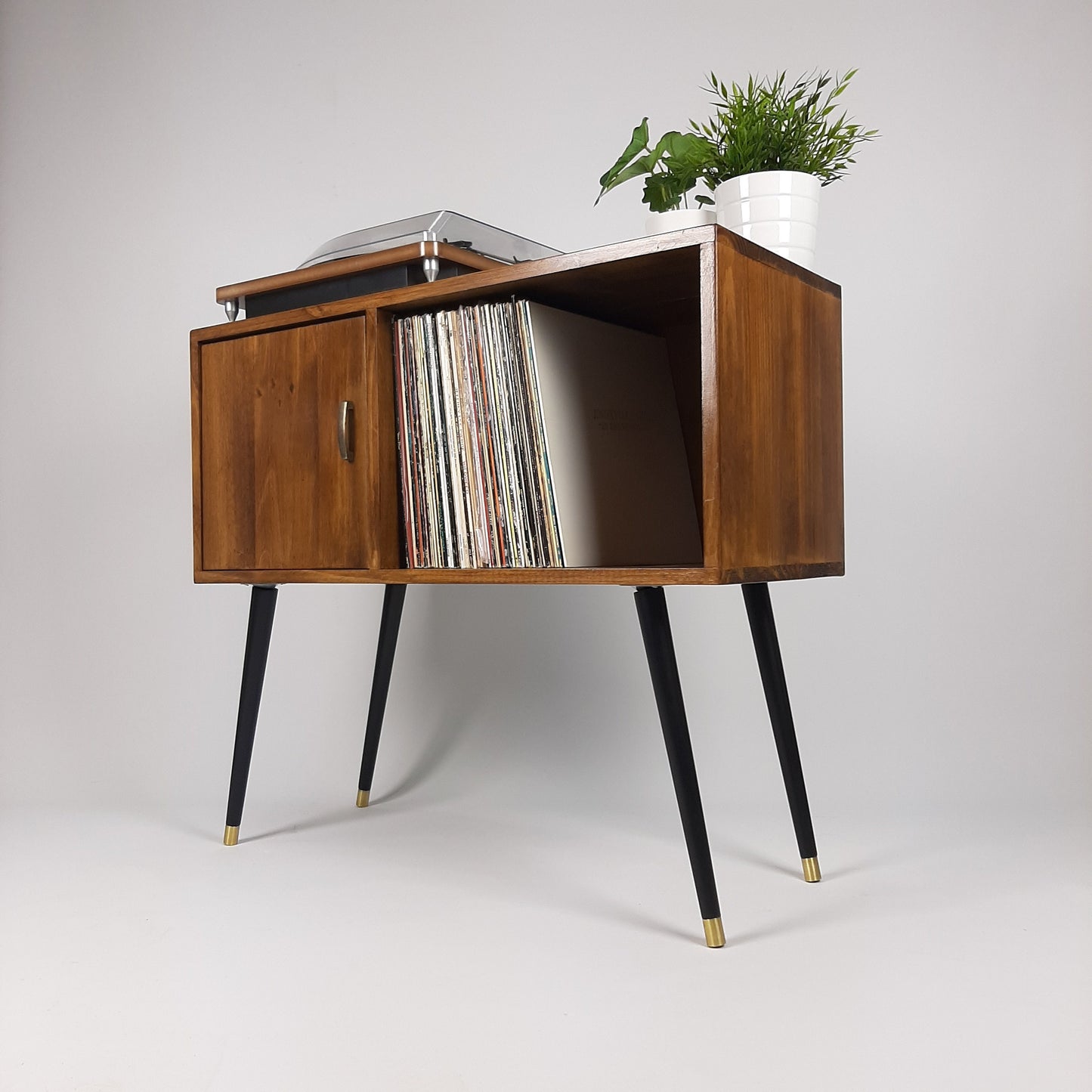 Walnut Sideboard | Black Dansette Legs | Classic Brass Handle | Midcentury Sideboard | Vinyl Record Storage
