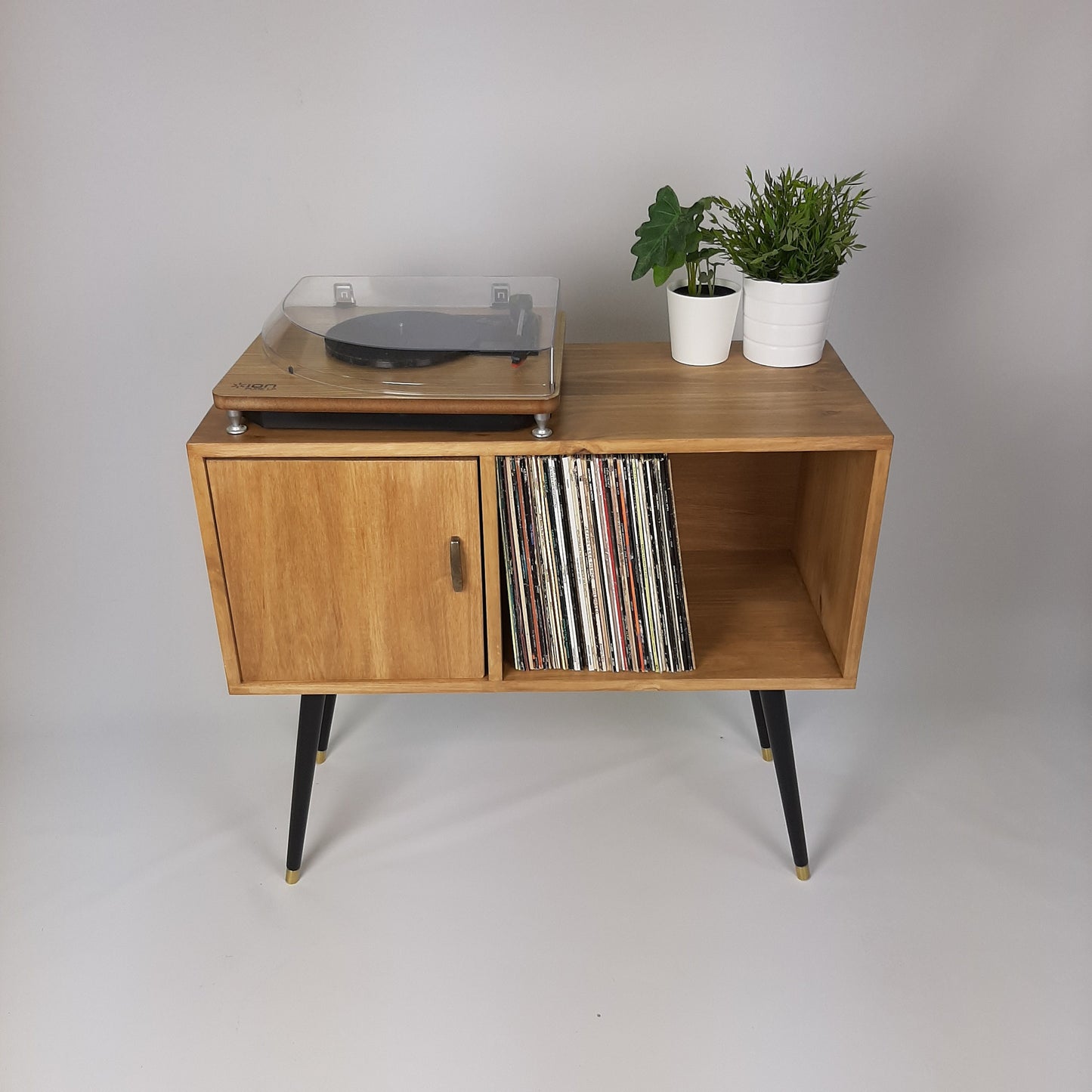 Oak Sideboard | Solid Wood Sideboard | Vinyl Record Storage | Mid Century Modern | Medium Cabinet | With Brass