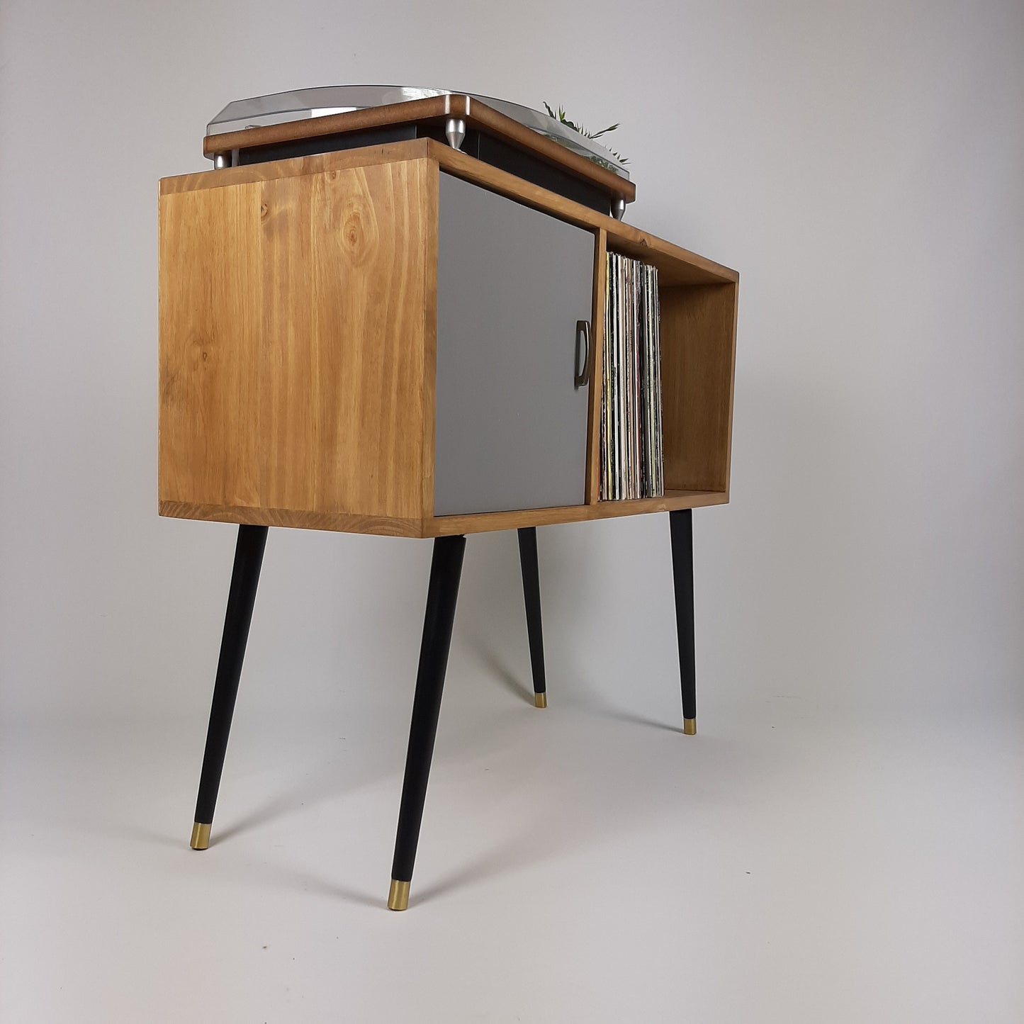 Oak Sideboard | Grey Door | Vinyl Record Storage | Solid Wood Sideboard | Black Legs | Credenza