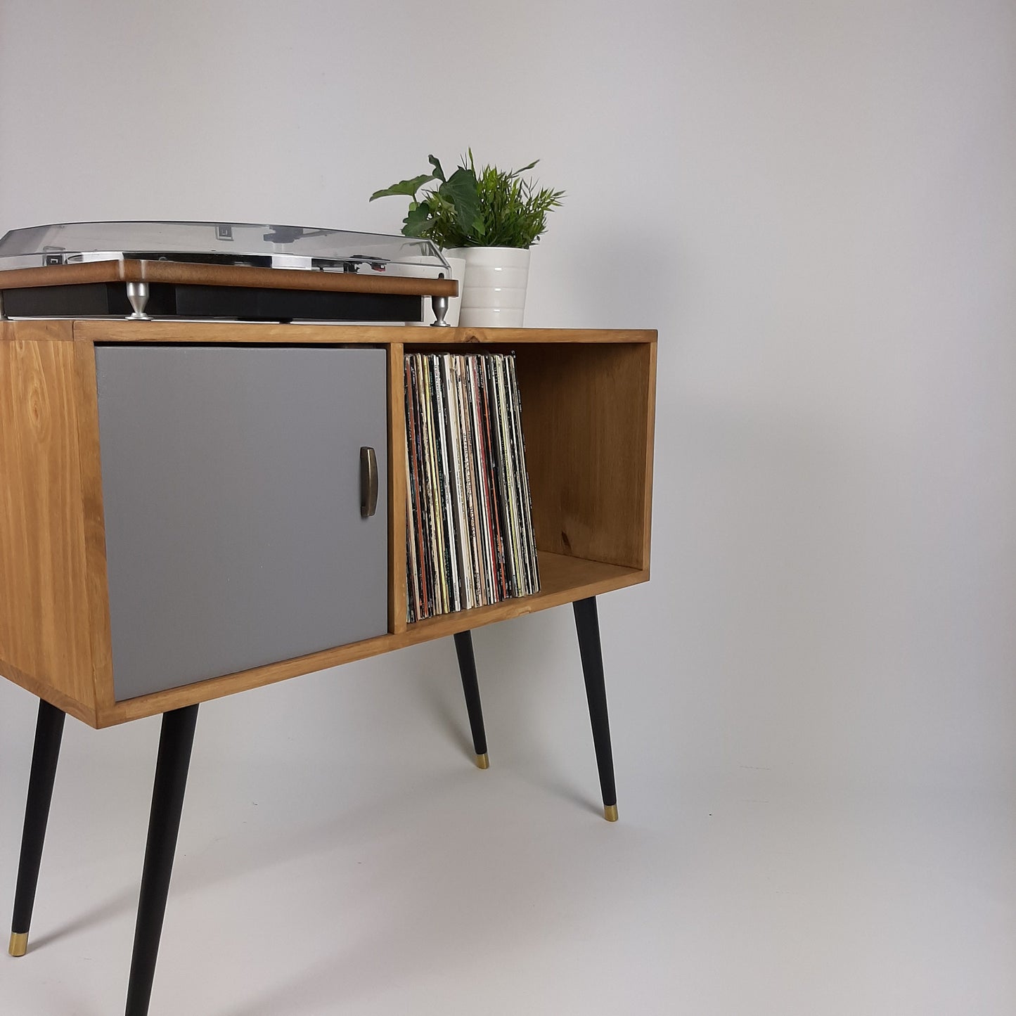 Oak Sideboard | Grey Door | Vinyl Record Storage | Solid Wood Sideboard | Black Legs | Credenza
