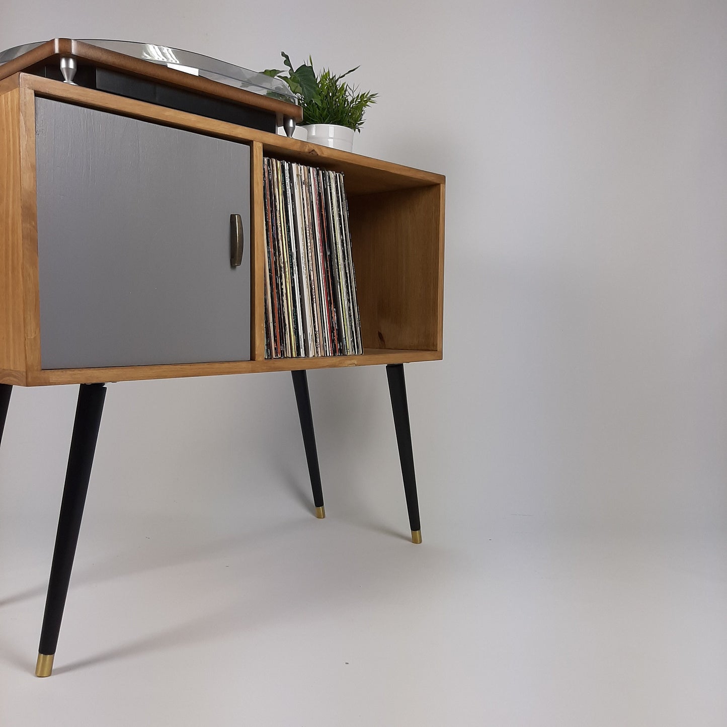 Oak Sideboard | Grey Door | Vinyl Record Storage | Solid Wood Sideboard | Black Legs | Credenza