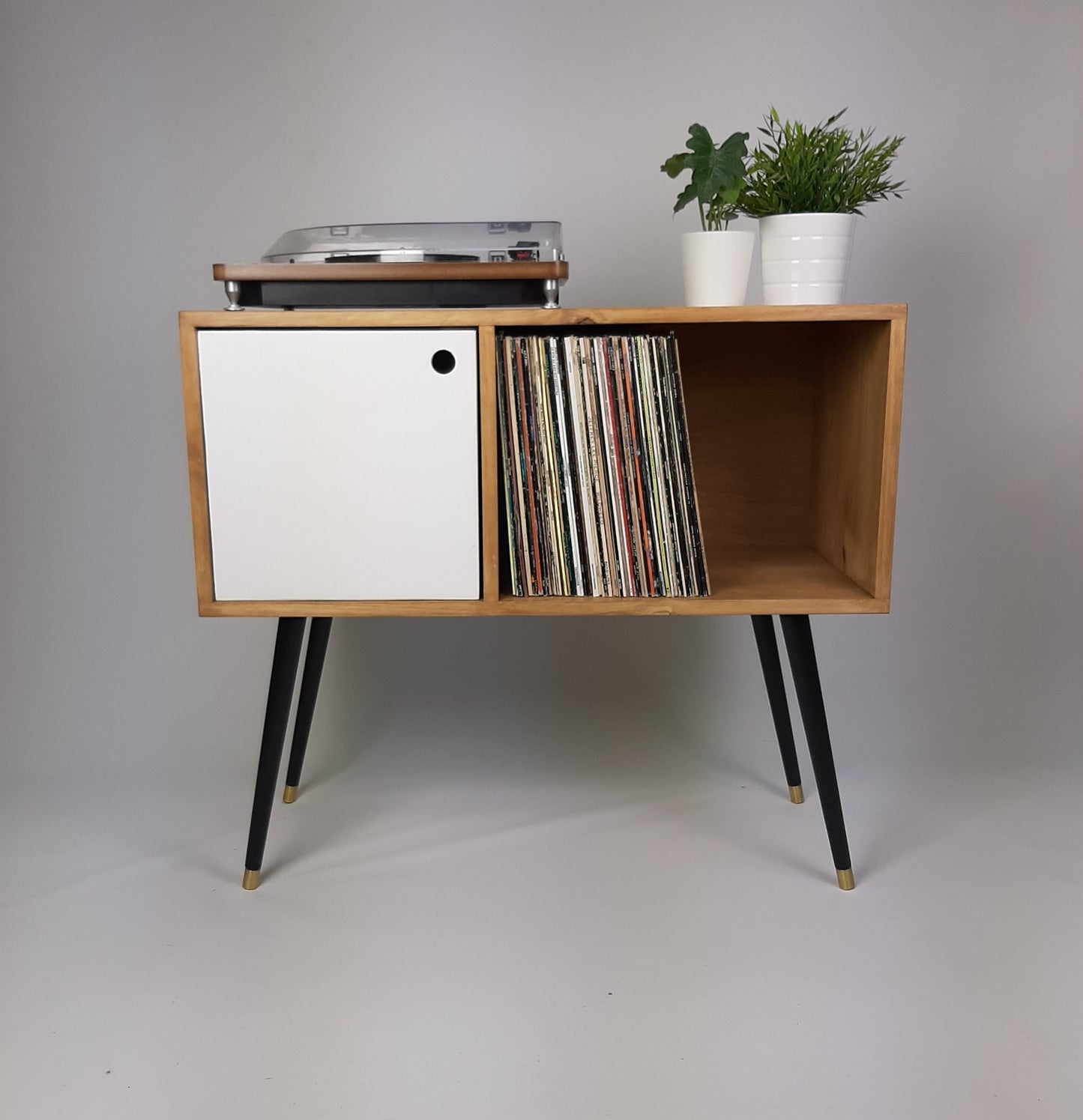 Oak Sideboard | White Door & Black Legs | Vinyl Record Storage | Mid Century Modern Table