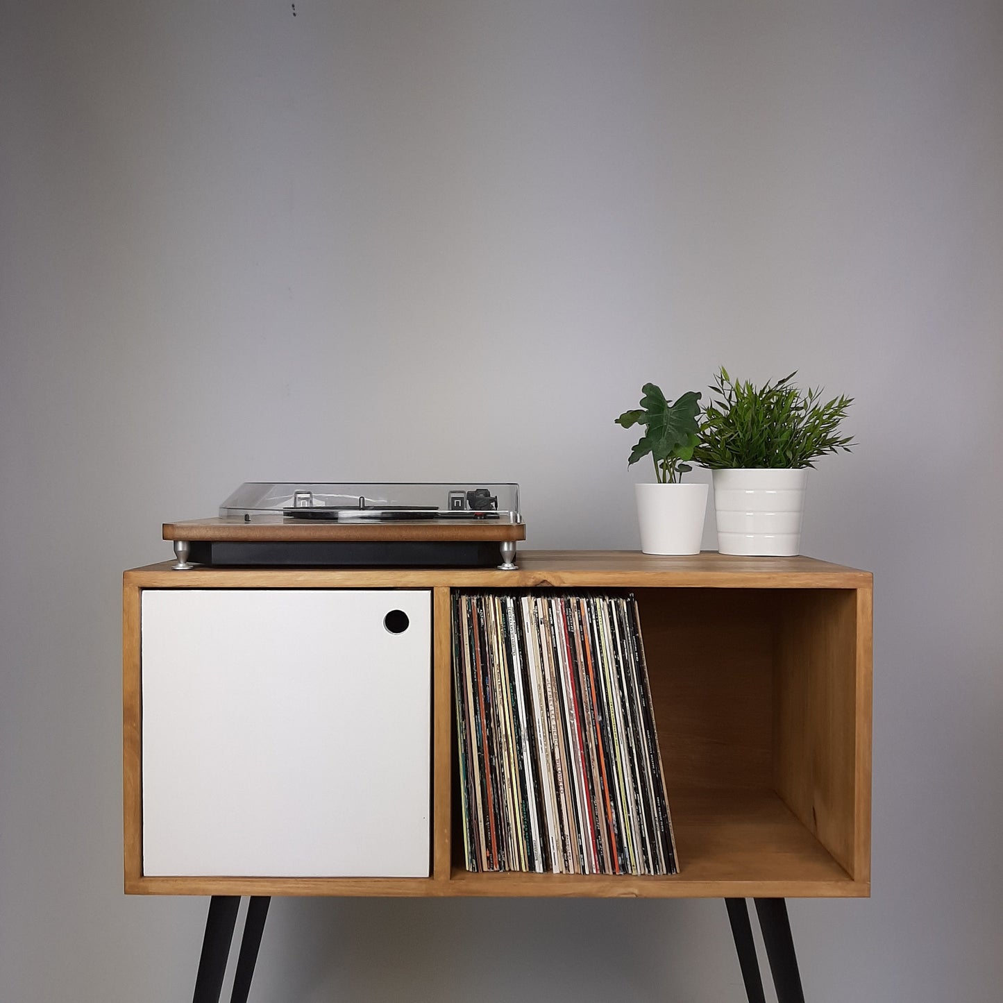 Oak Sideboard | White Door & Black Legs | Vinyl Record Storage | Mid Century Modern Table
