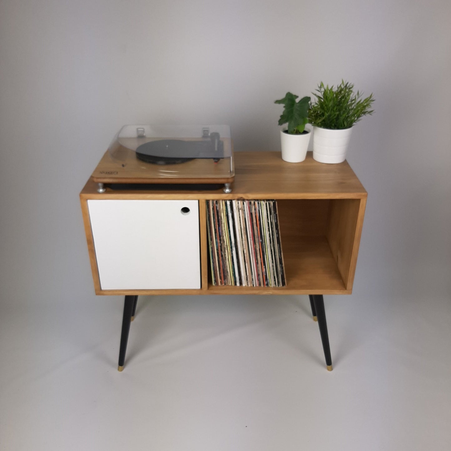 Oak Sideboard | White Door & Black Legs | Vinyl Record Storage | Mid Century Modern Table
