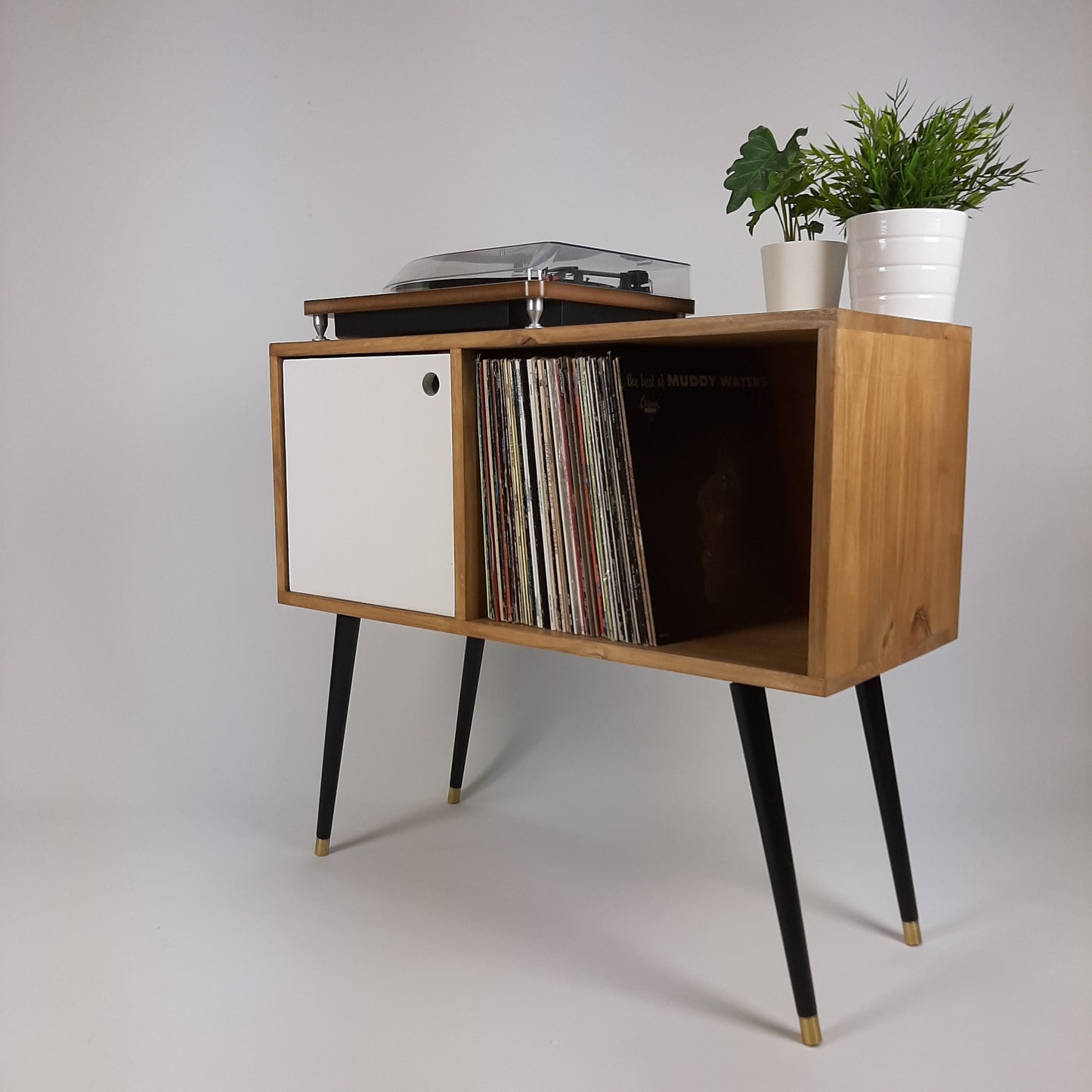 Oak Sideboard | White Door & Black Legs | Vinyl Record Storage | Mid Century Modern Table