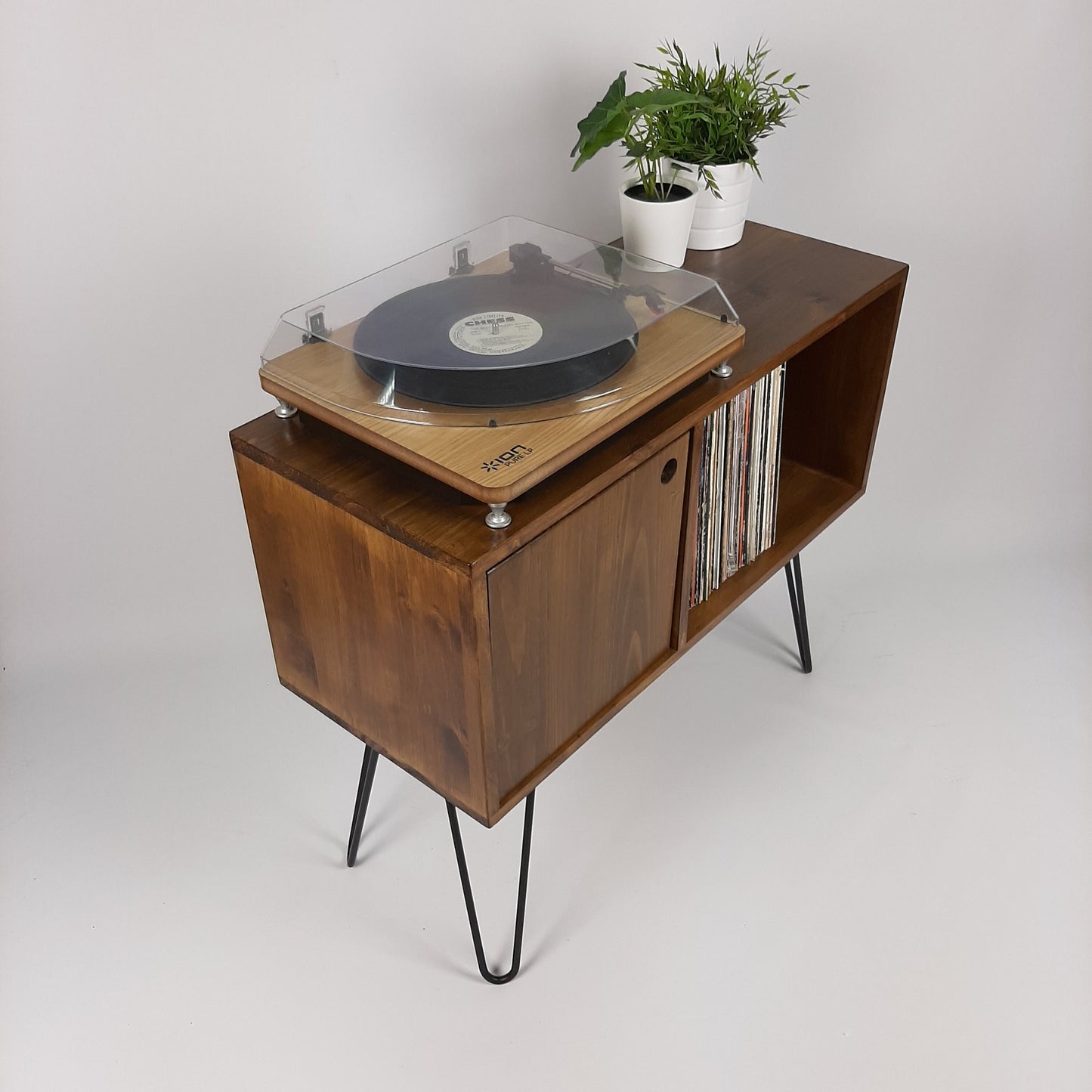Walnut Sideboard with Black Hairpin Legs | Vinyl Record Storage | Minimalist Record Table | Sideboard