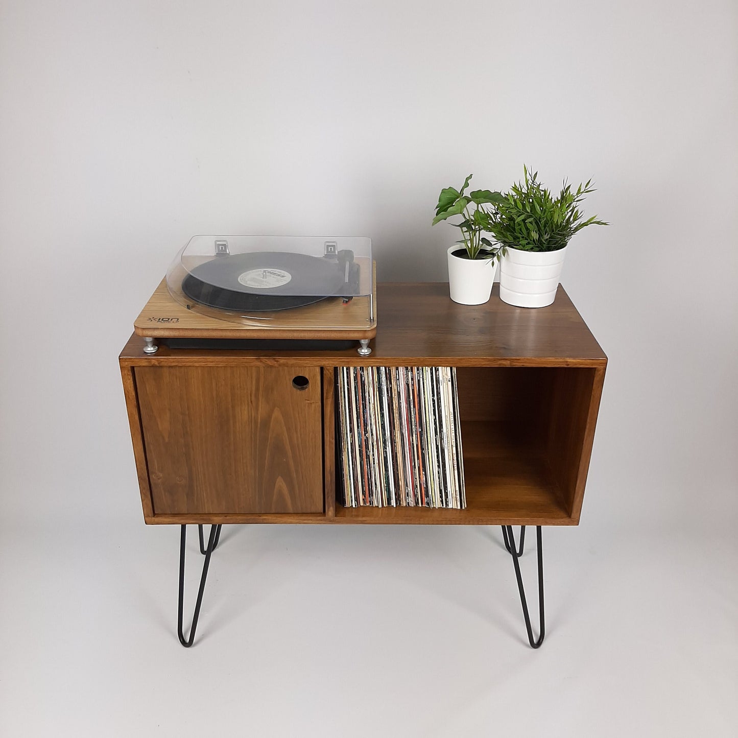Walnut Sideboard with Black Hairpin Legs | Vinyl Record Storage | Minimalist Record Table | Sideboard