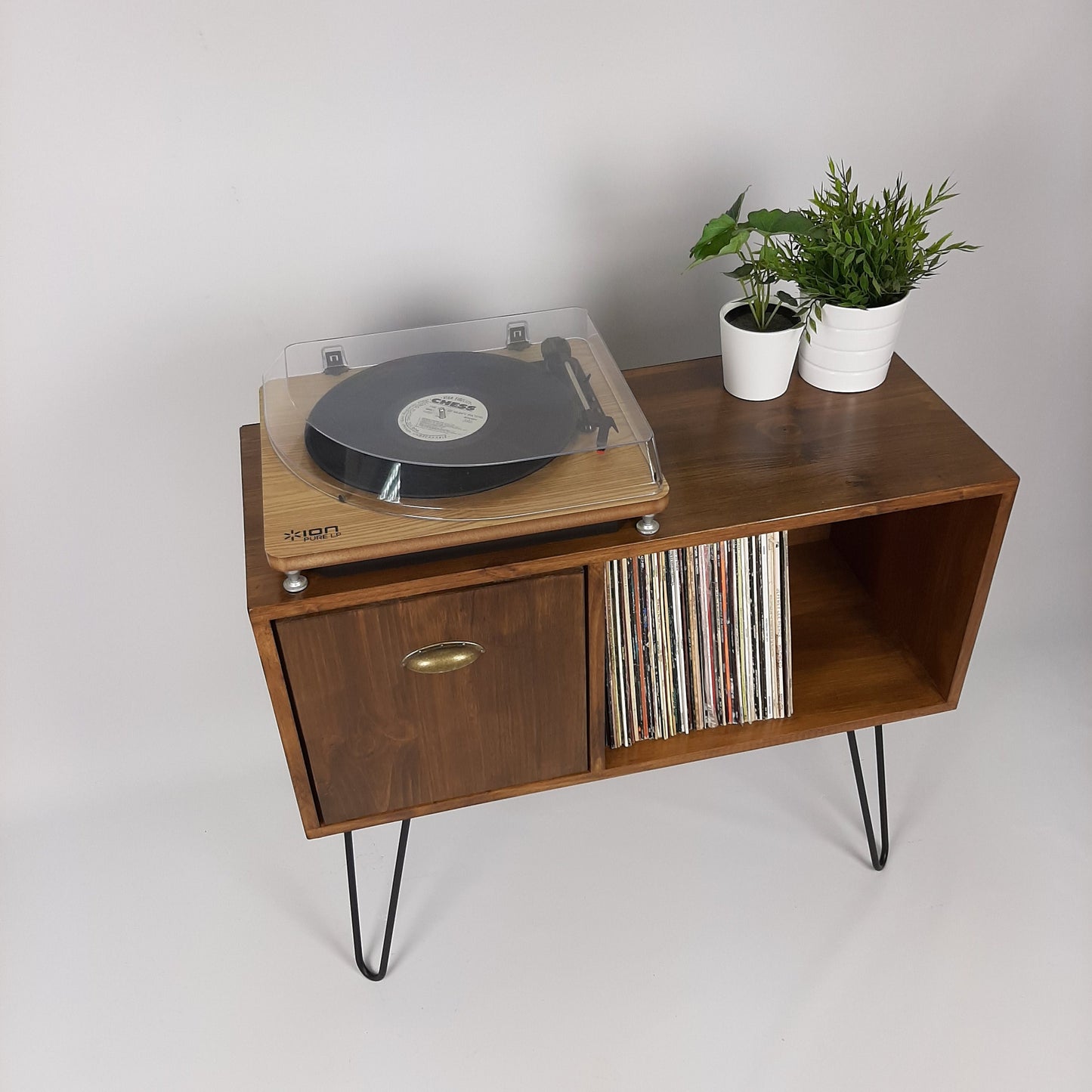 Vinyl Record Storage | Walnut Sideboard | Brass Handle | Media Console | Black Hairpin Legs | Mid Century Modern | Credenza