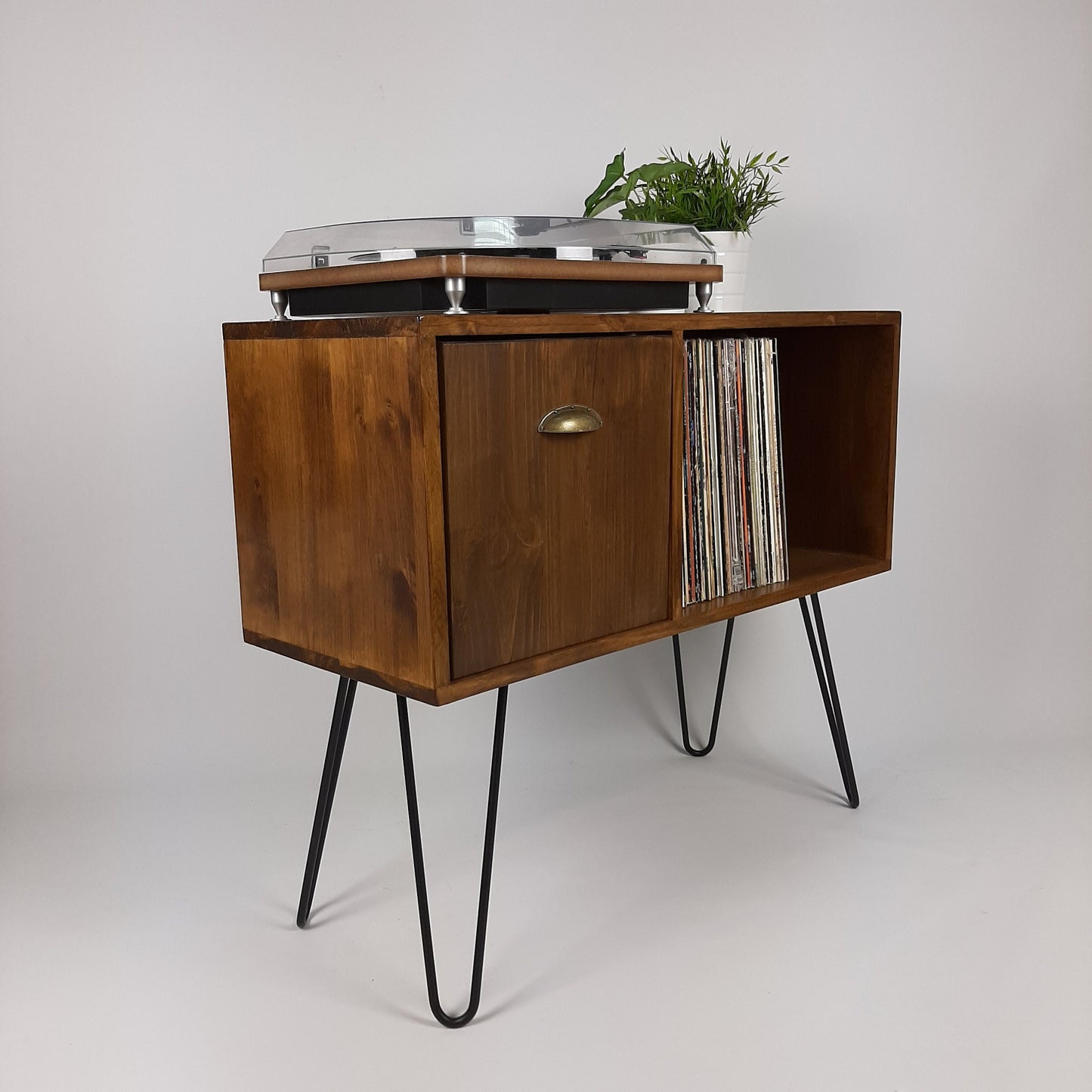 Vinyl Record Storage | Walnut Sideboard | Brass Handle | Media Console | Black Hairpin Legs | Mid Century Modern | Credenza