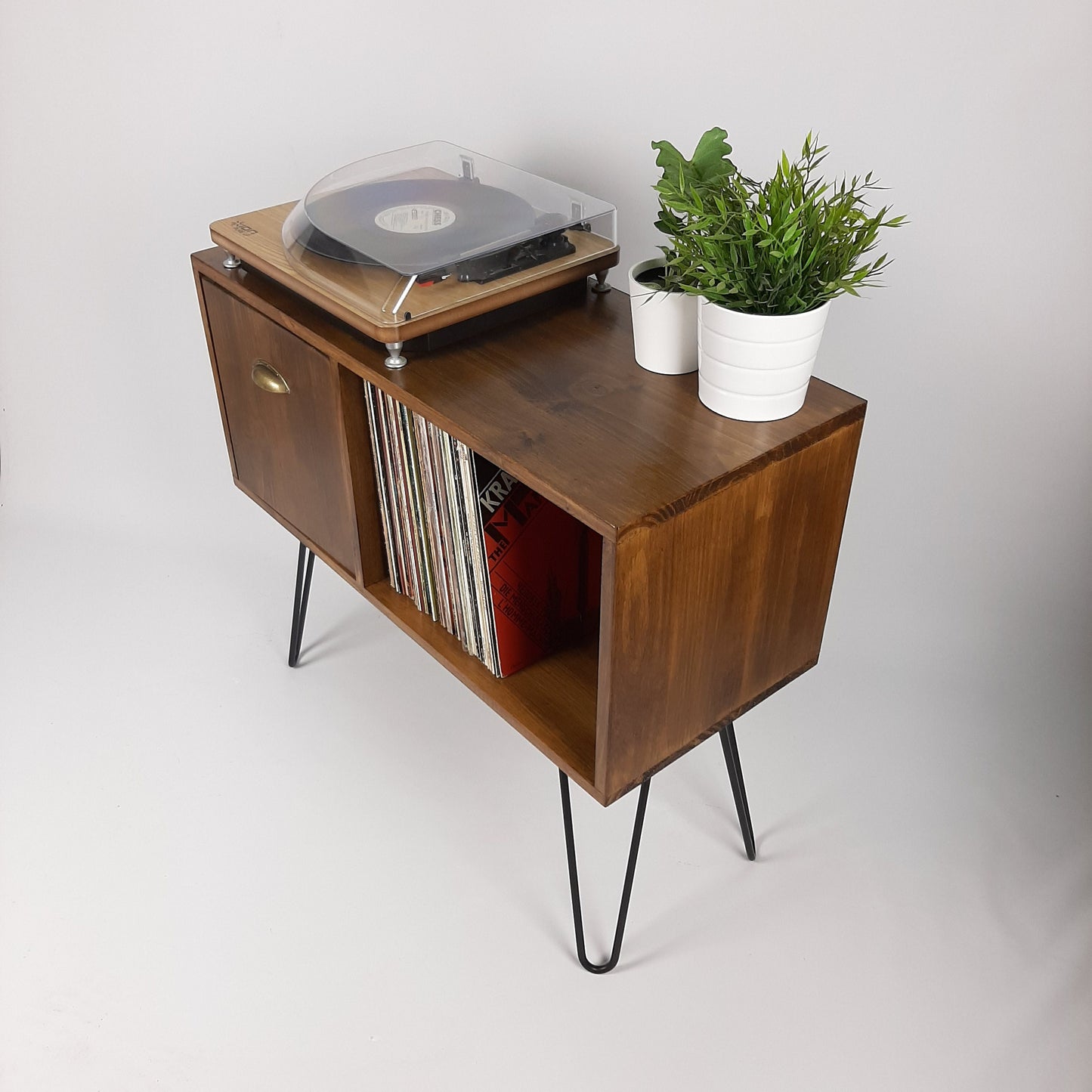 Vinyl Record Storage | Walnut Sideboard | Brass Handle | Media Console | Black Hairpin Legs | Mid Century Modern | Credenza
