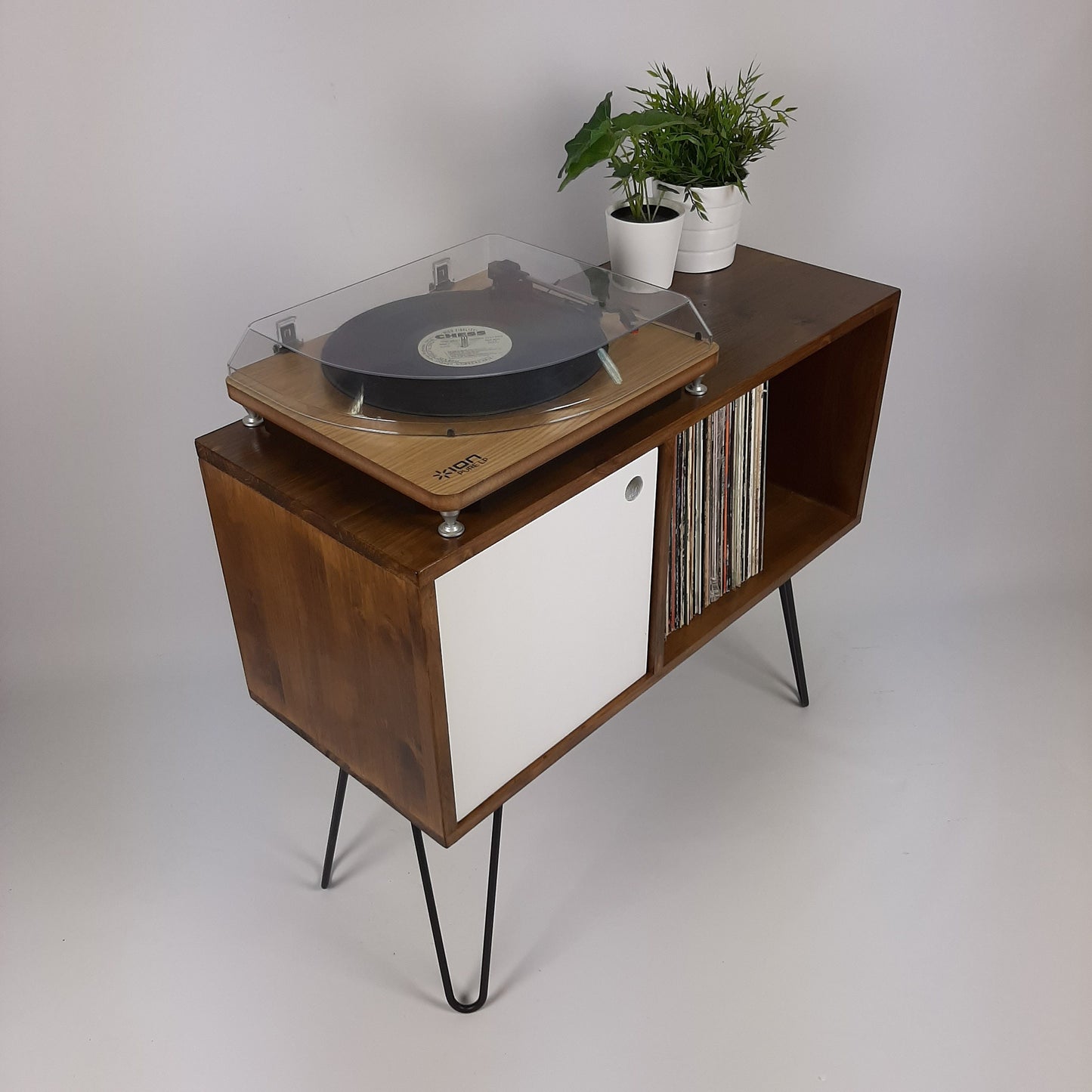 Walnut Sideboard w/ White Door & Black Hairpin Legs | Vinyl Record Storage | Media Console