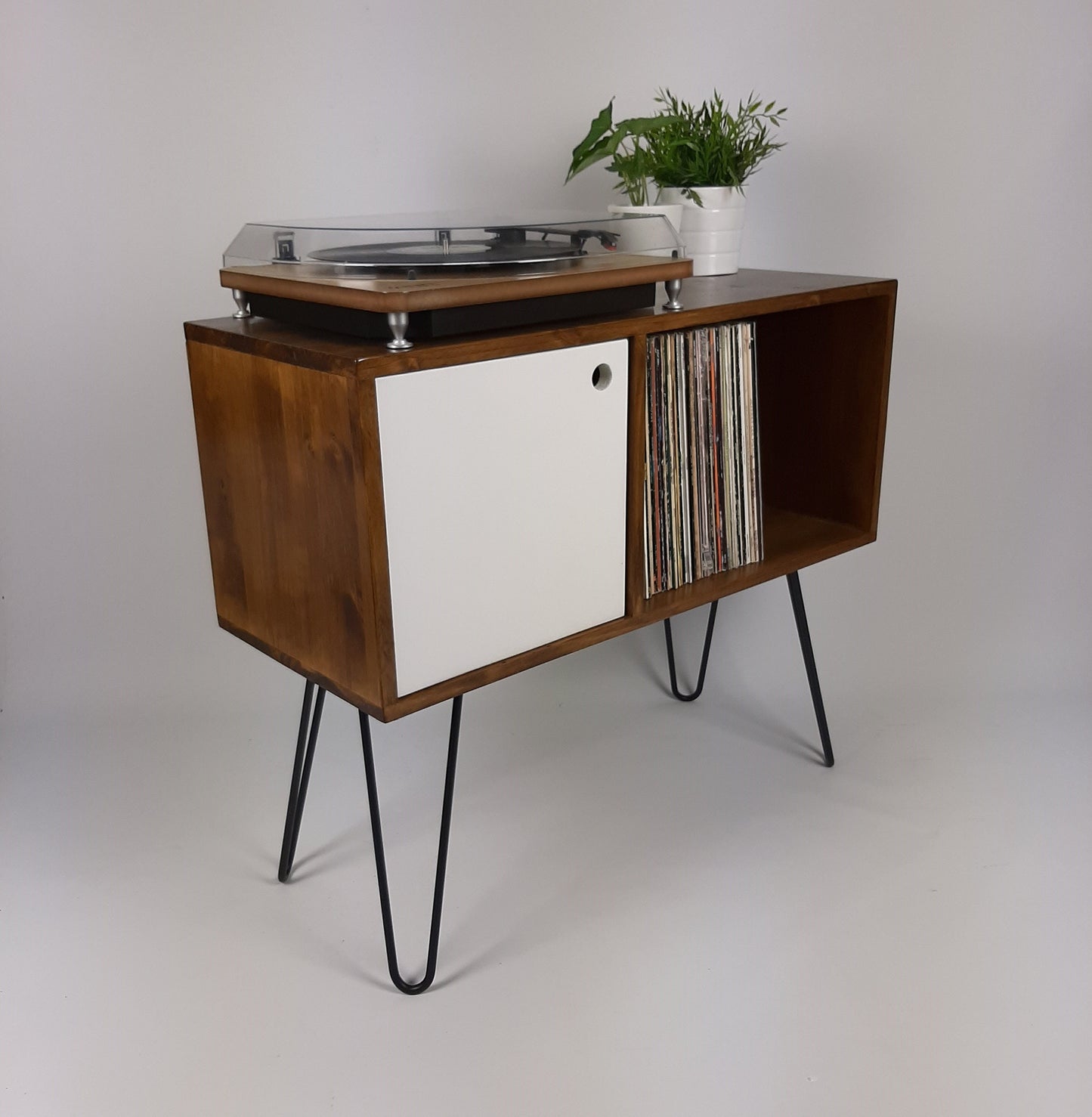 Walnut Sideboard w/ White Door & Black Hairpin Legs | Vinyl Record Storage | Media Console