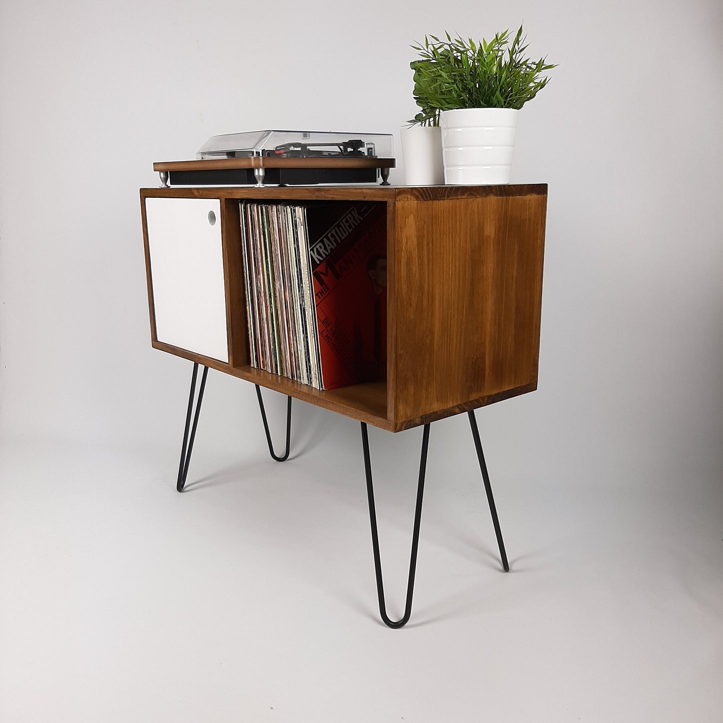 Walnut Sideboard w/ White Door & Black Hairpin Legs | Vinyl Record Storage | Media Console