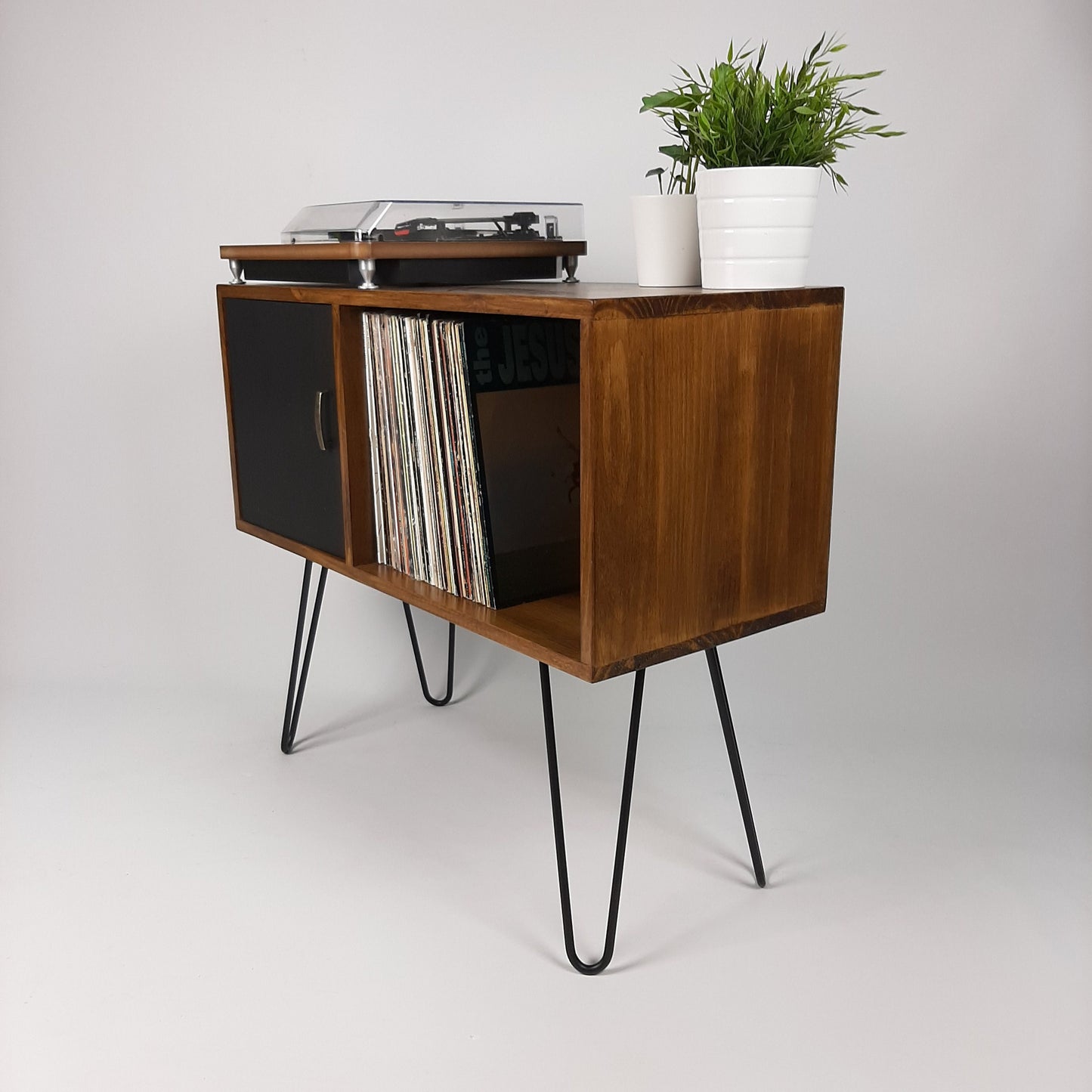 Walnut Sideboard w/ Hairpin Legs | Vinyl Record Storage | Record Table | Scandinavian Design | Side Table