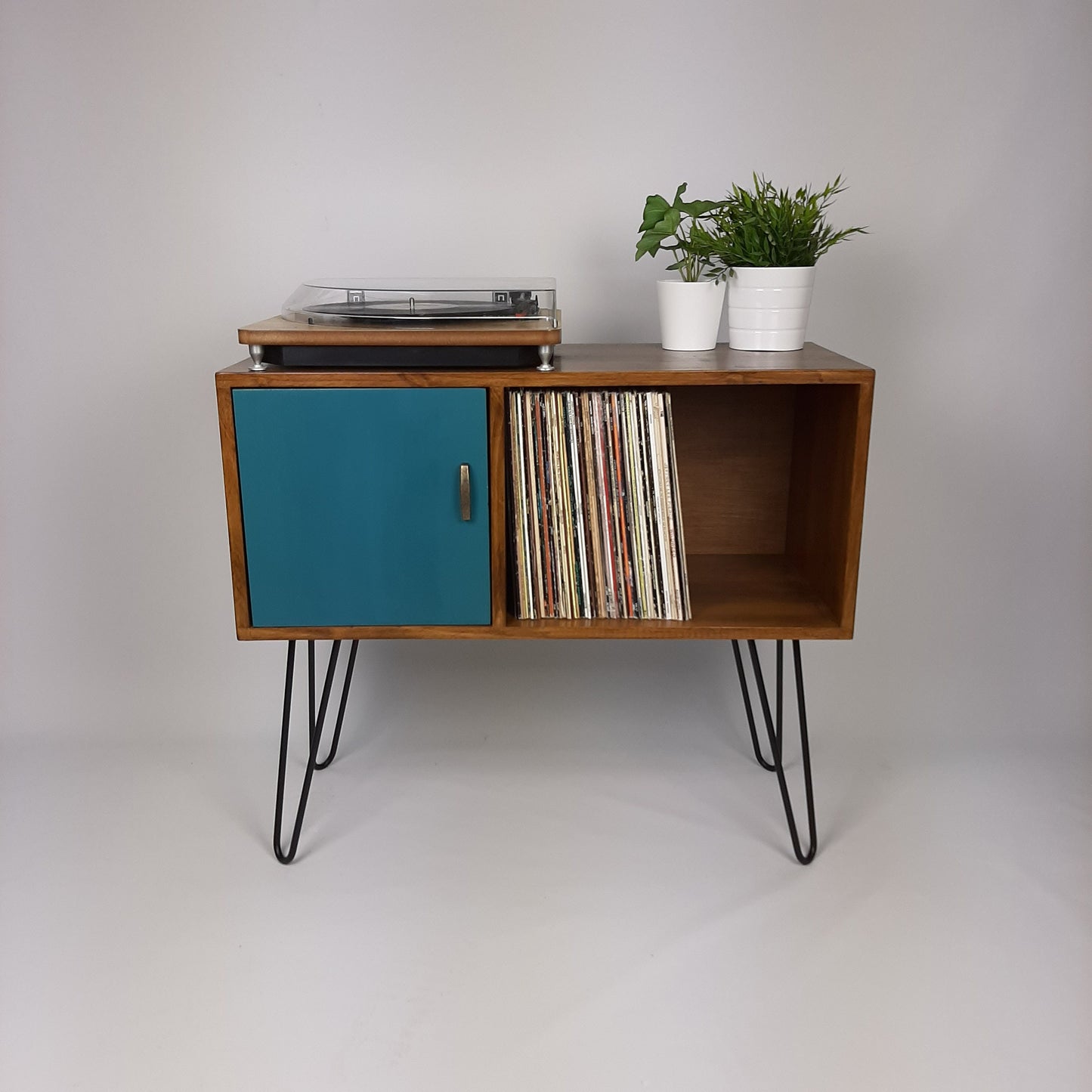 Walnut Sideboard Black Hairpin Legs & Royal Blue Door | Solid Wood Sideboard | Handmade | Vinyl record Storage